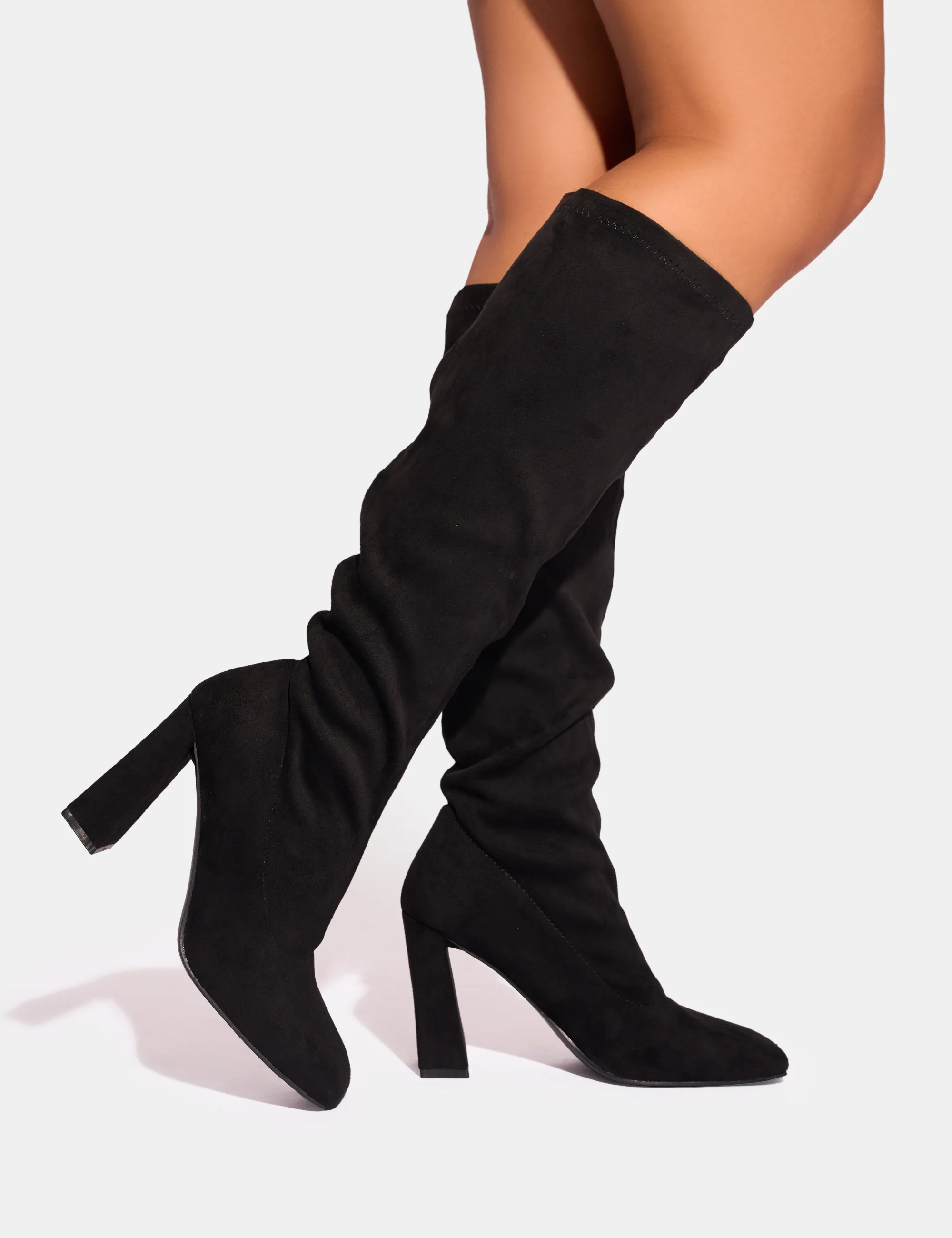 Audrina Black Suede Block Heel Knee High Sock Boots - Image 6