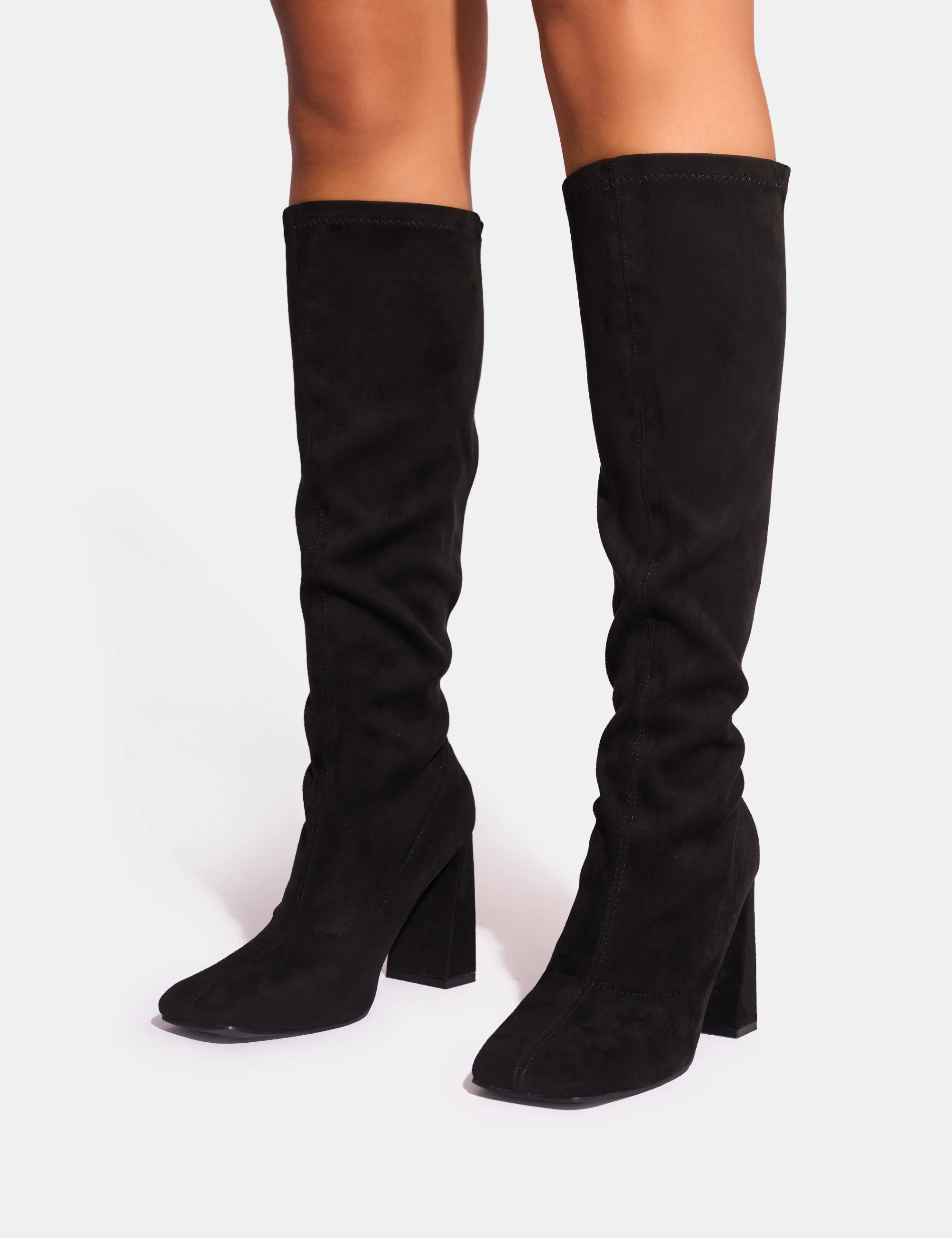 Audrina Black Suede Block Heel Knee High Sock Boots - Image 8