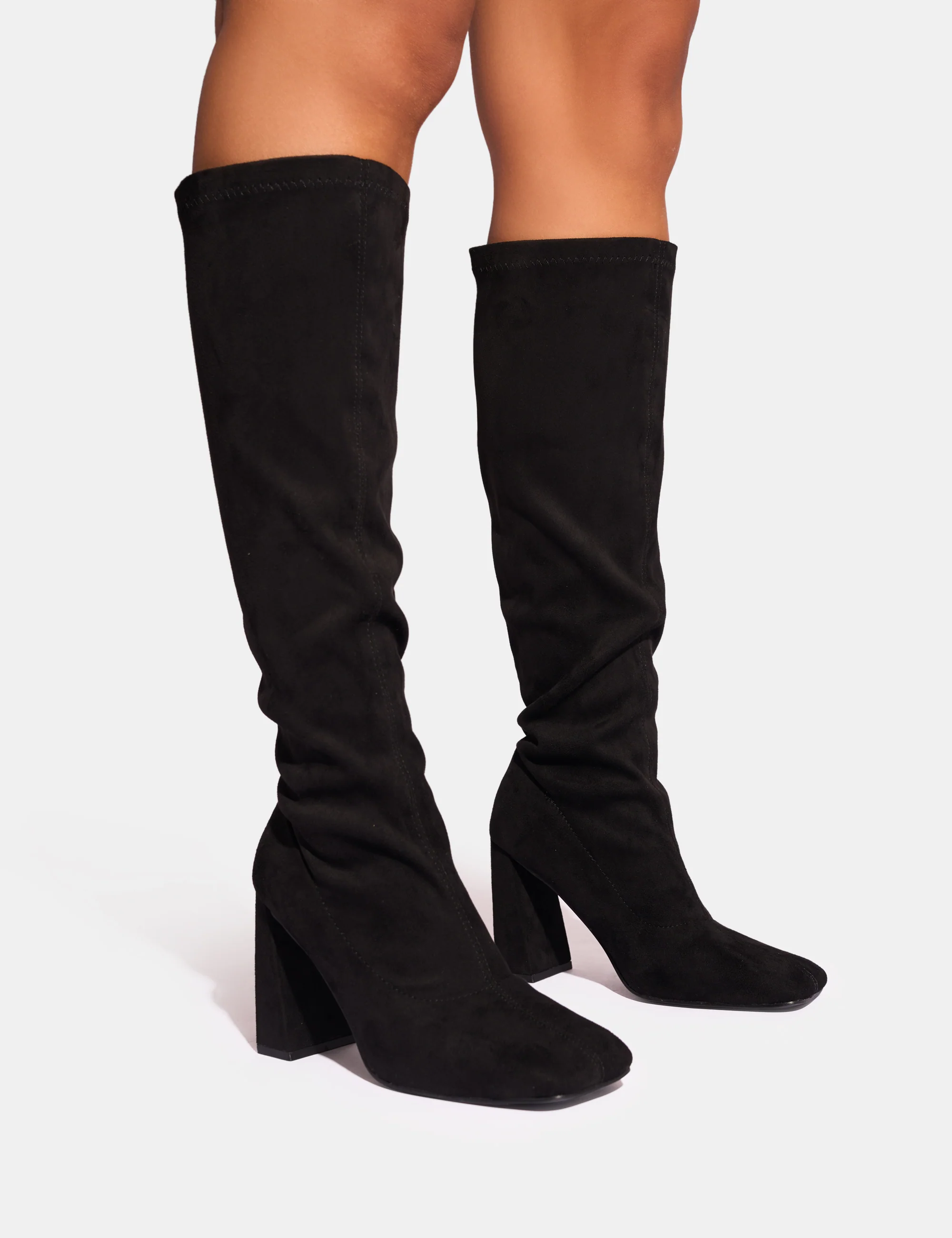 Audrina Black Suede Wide Fit Block Heel Knee High Sock Boots - Image 5