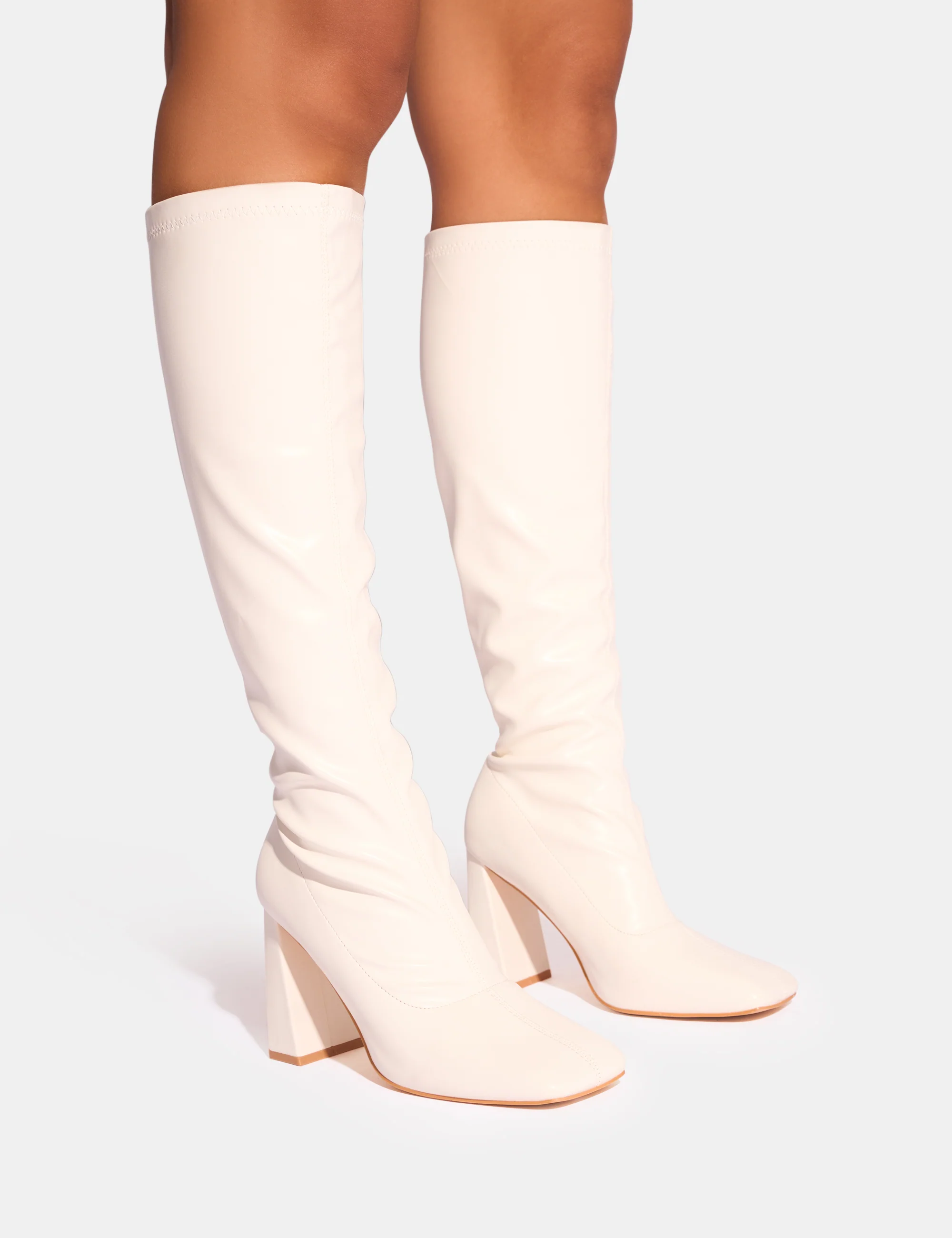 Audrina White Pu Block Heel Knee High Sock Boots - Image 5