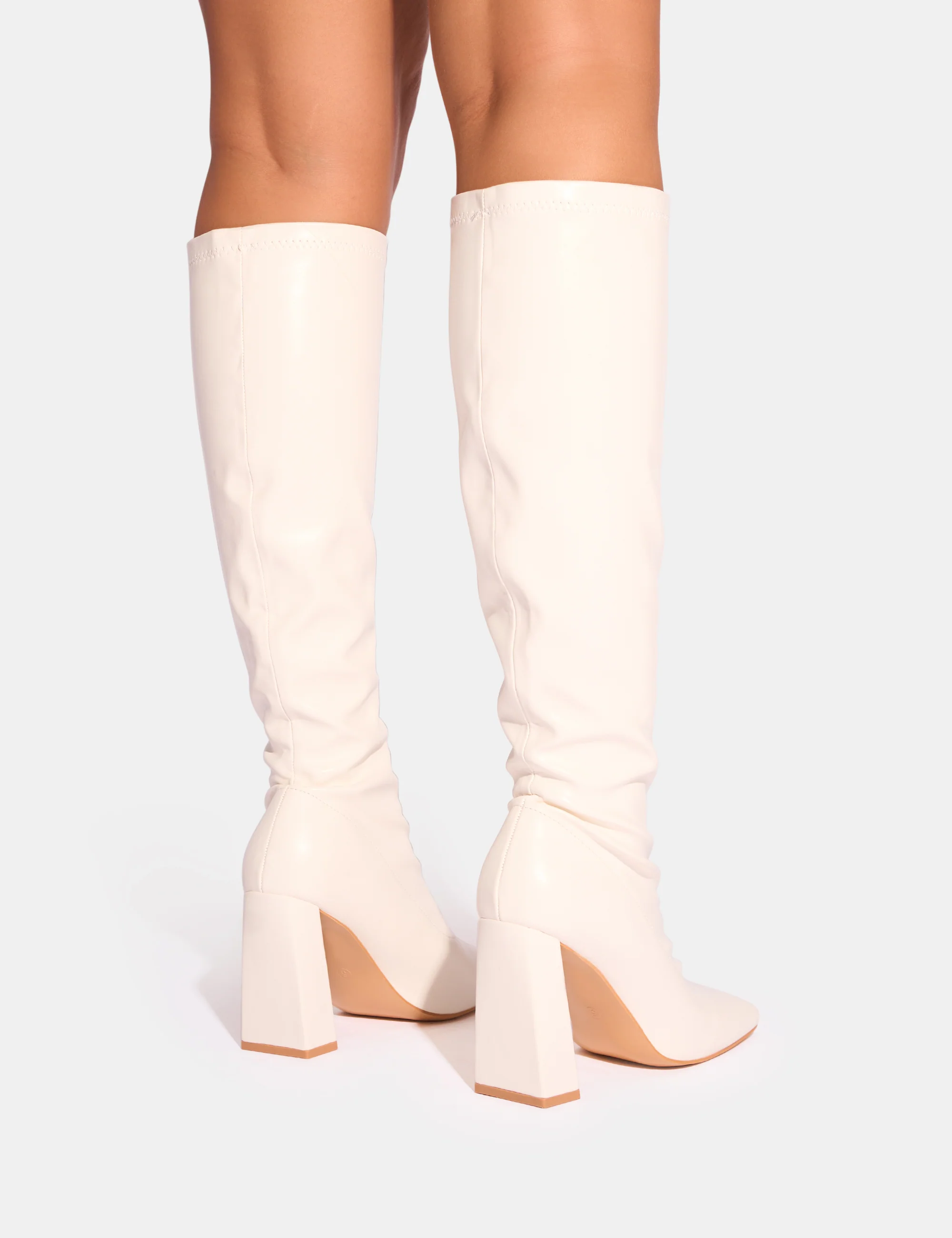 Audrina White Pu Block Heel Knee High Sock Boots - Image 7