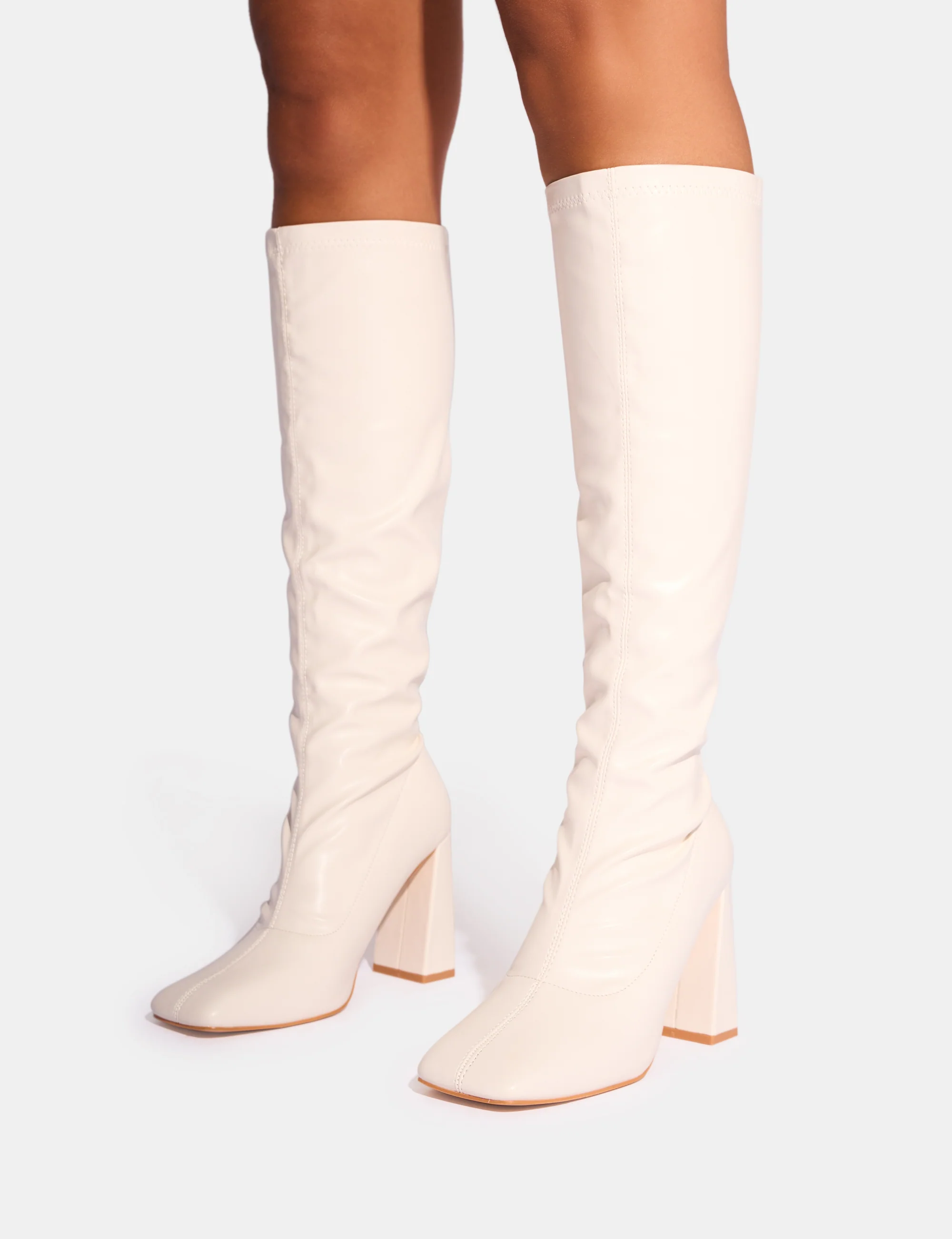 Audrina White Pu Block Heel Knee High Sock Boots - Image 8