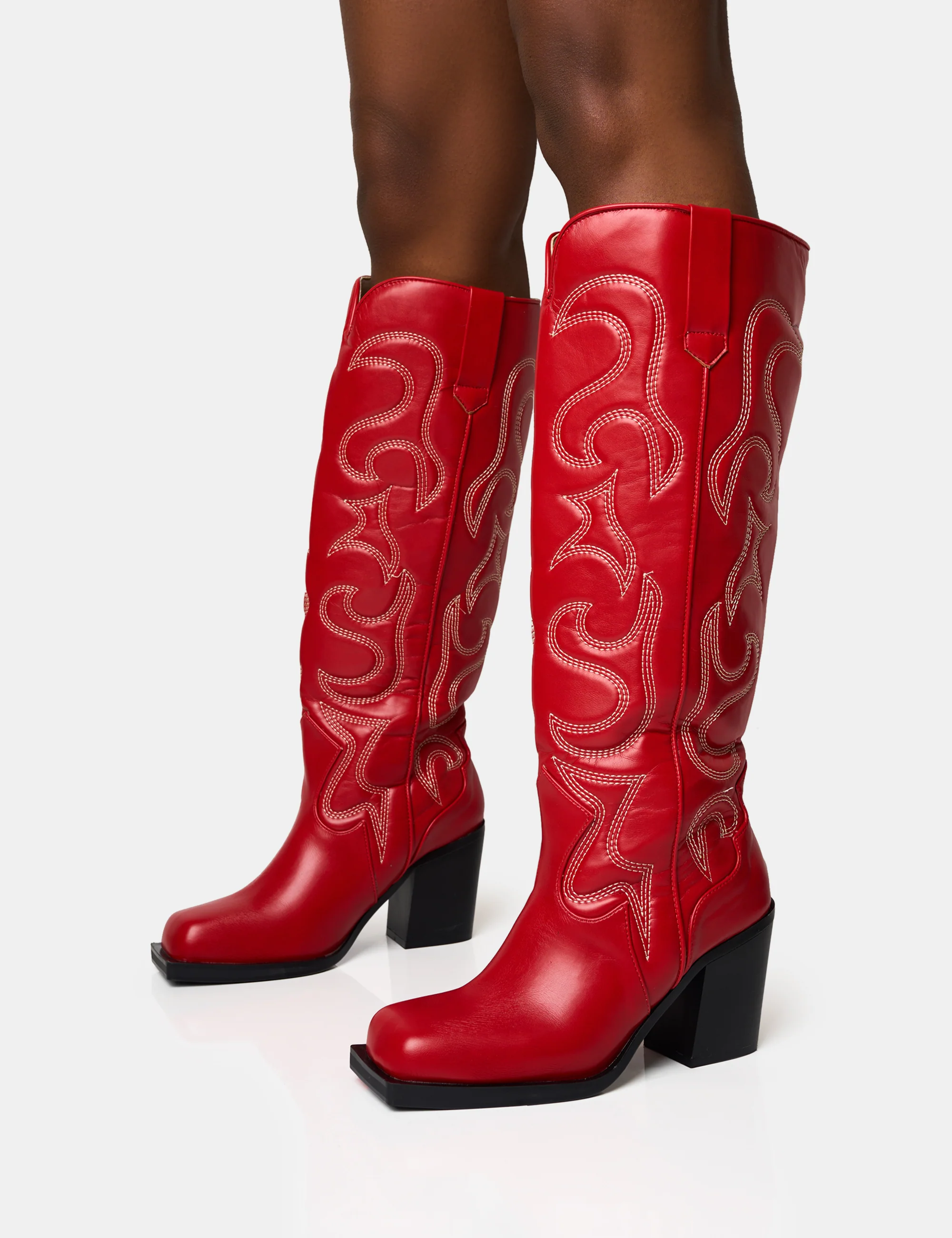 Austine Red Western Block Heel Knee High Boots - Image 3