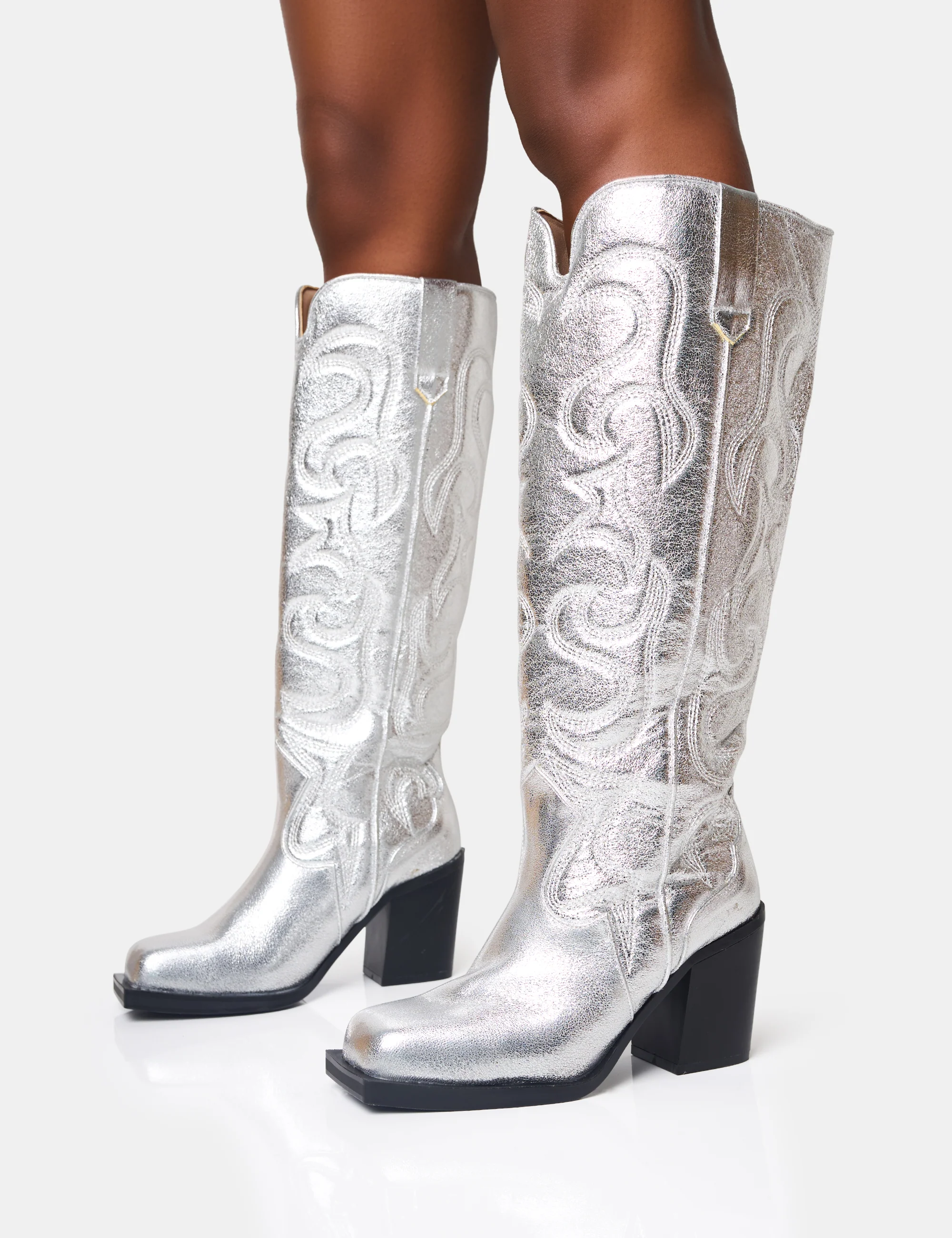 Austine Silver Western Block Heel Knee High Boots - Image 3