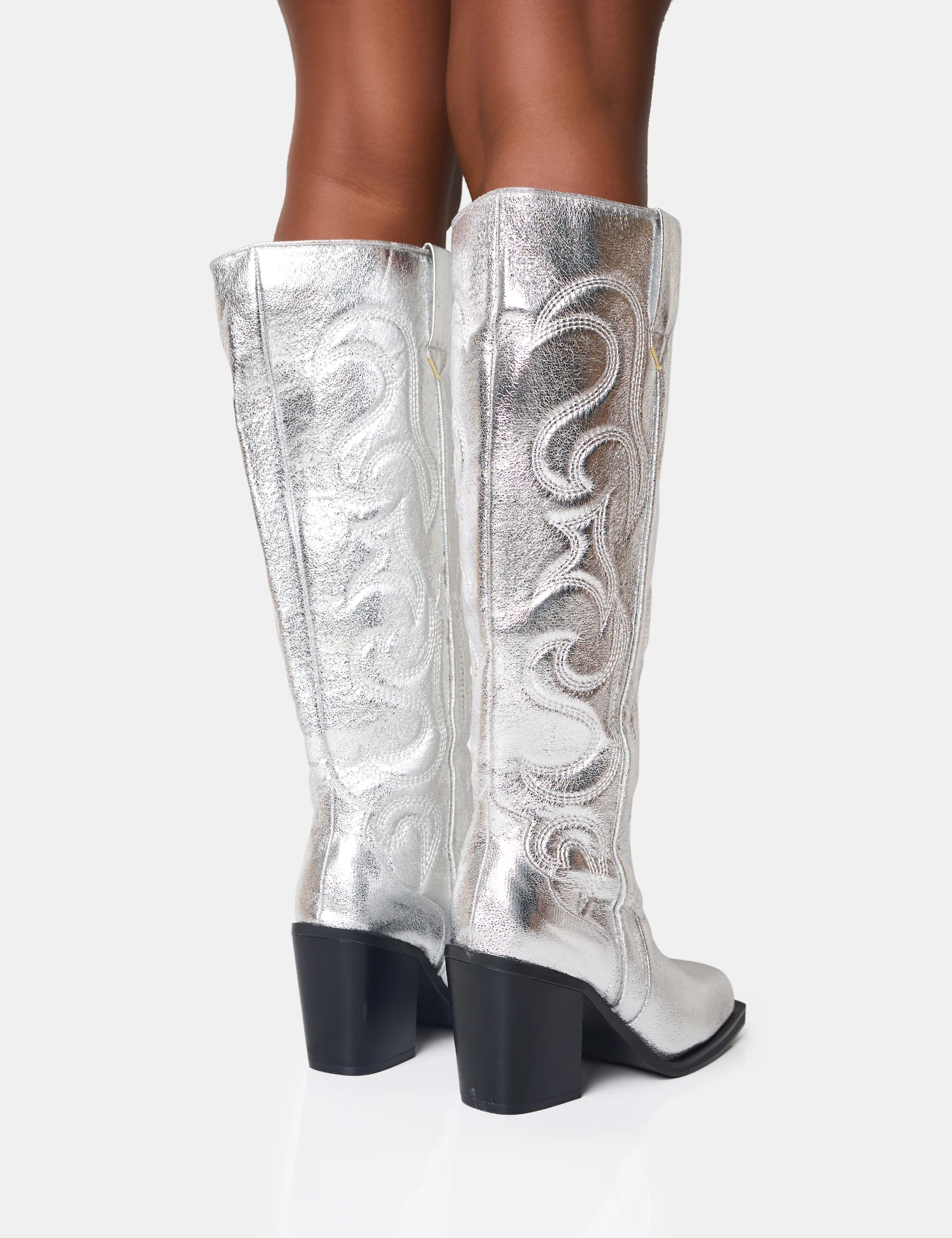Austine Wide Fit Silver Western Block Heel Knee High Boots - Image 4