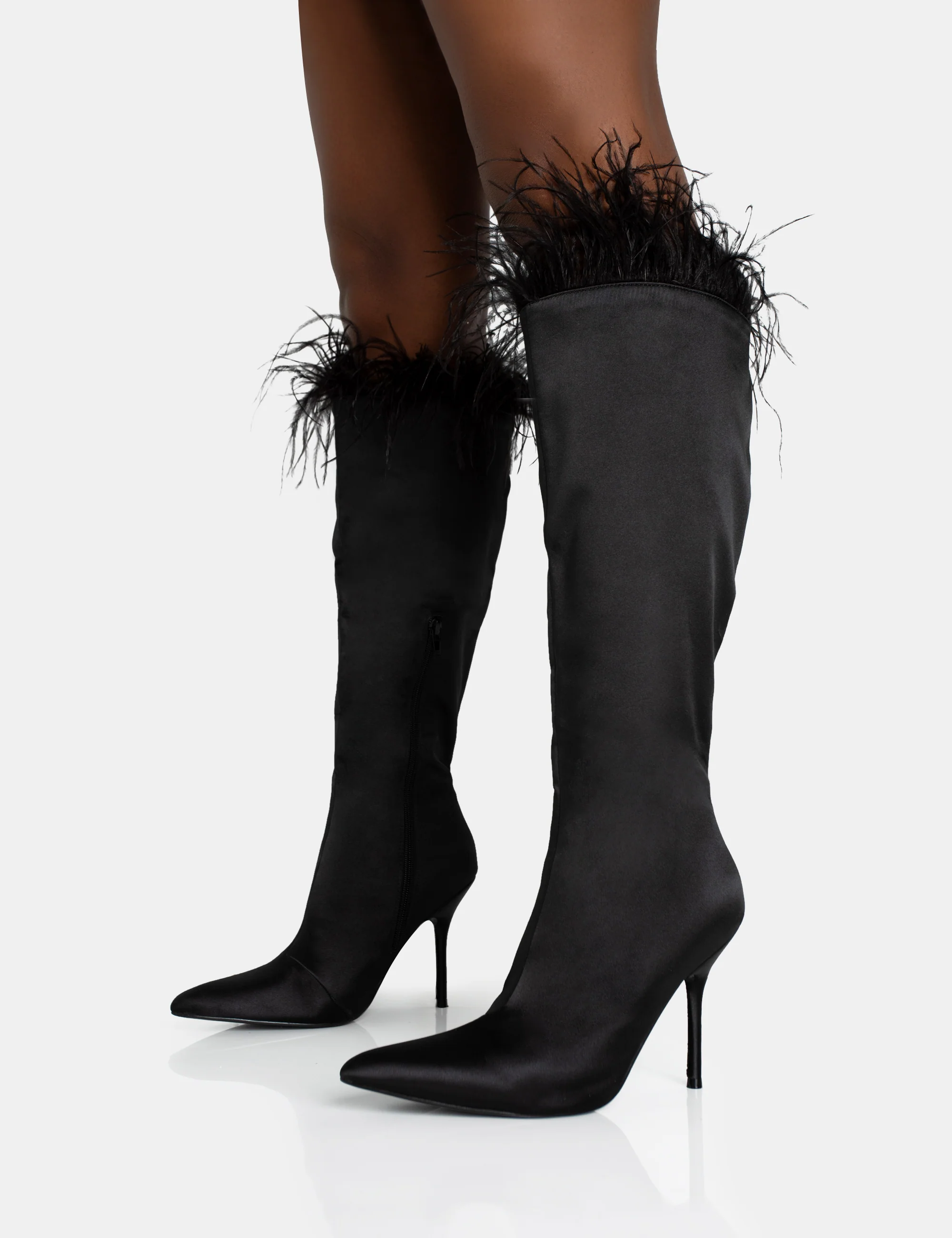 Baddie Black Satin Feather Pointed Court Stiletto Knee High Boots - Image 3