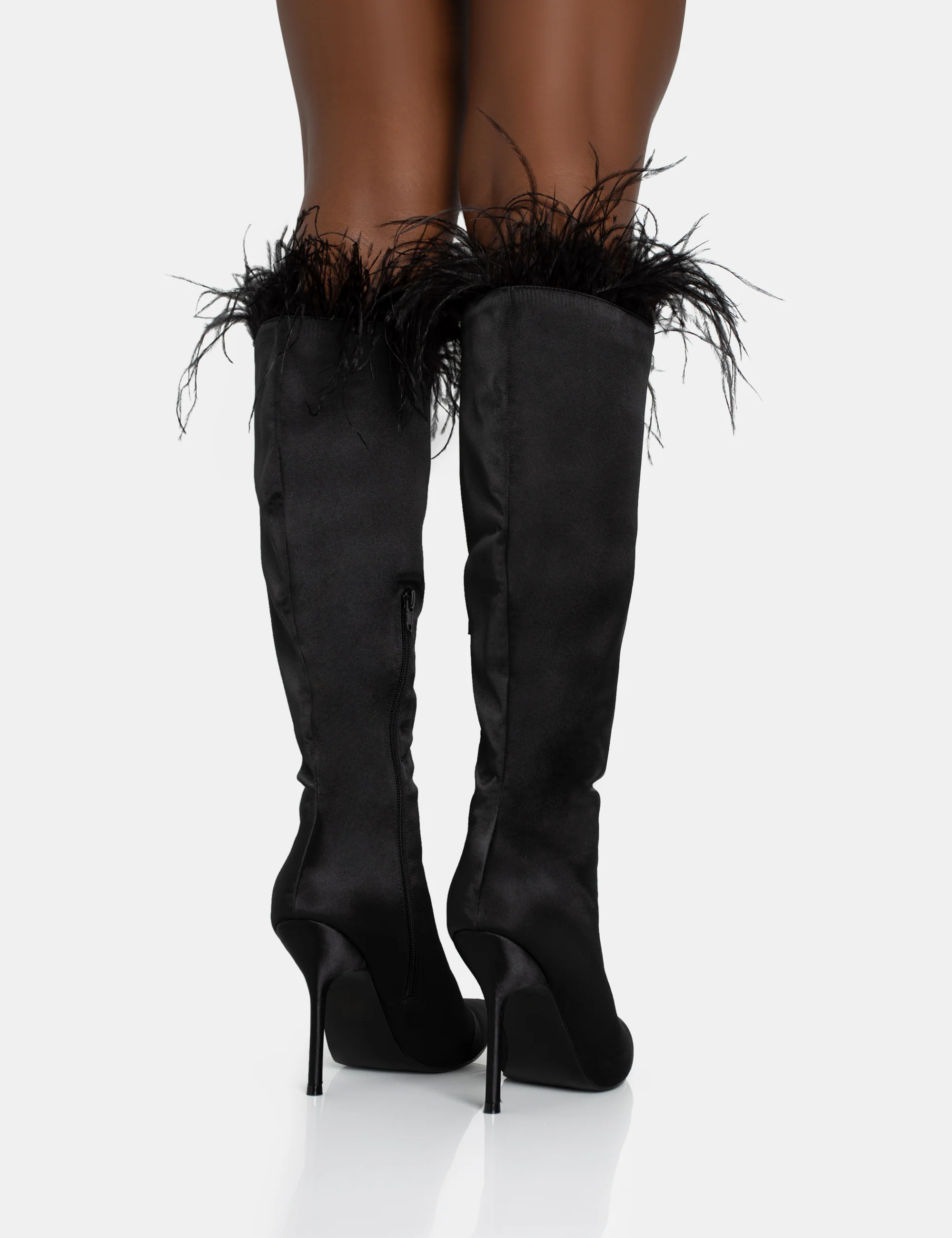 Baddie Black Satin Feather Pointed Court Stiletto Knee High Boots - Image 4