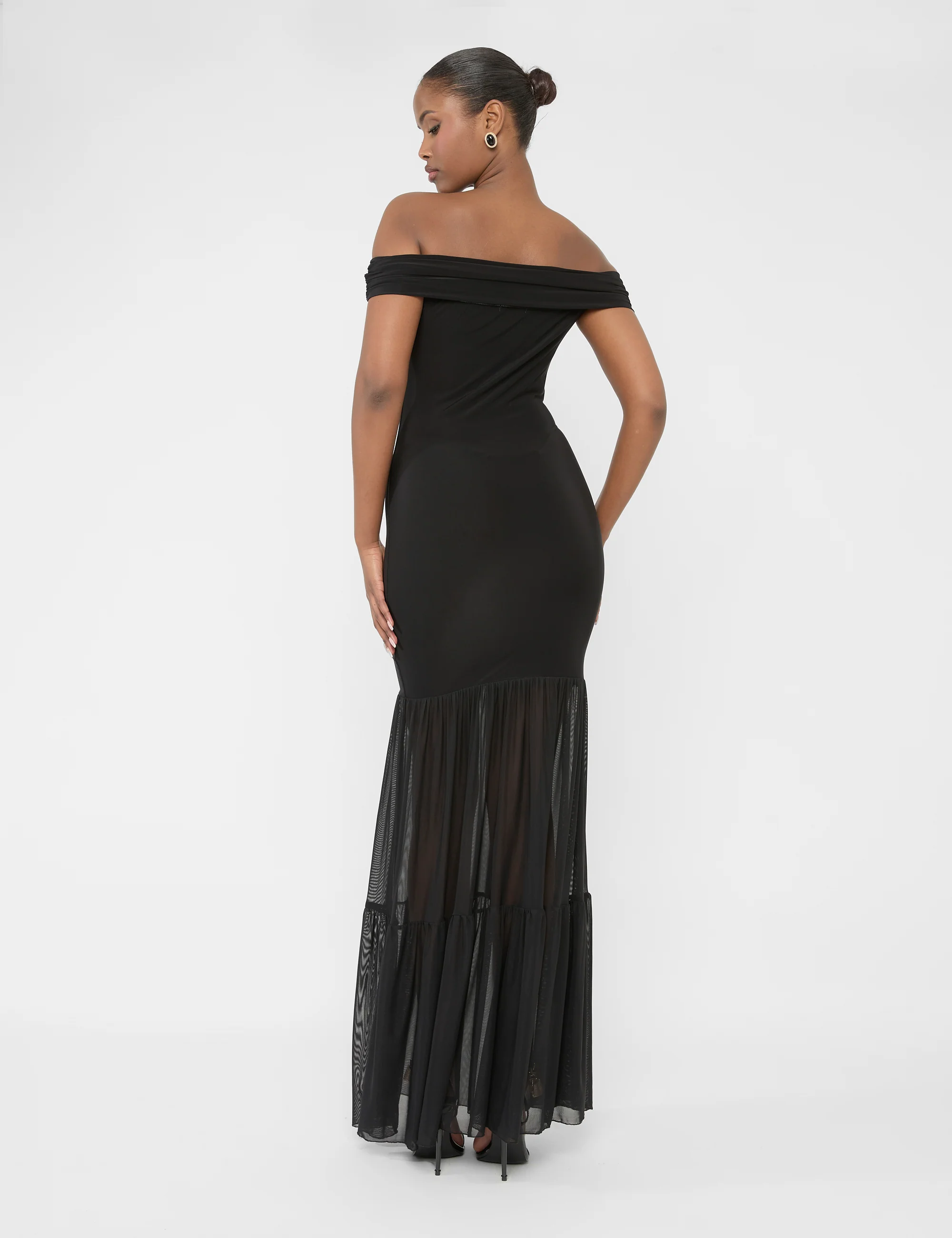 Slinky Bardot Fold Over Mesh Hem Maxi Dress Black - Image 2