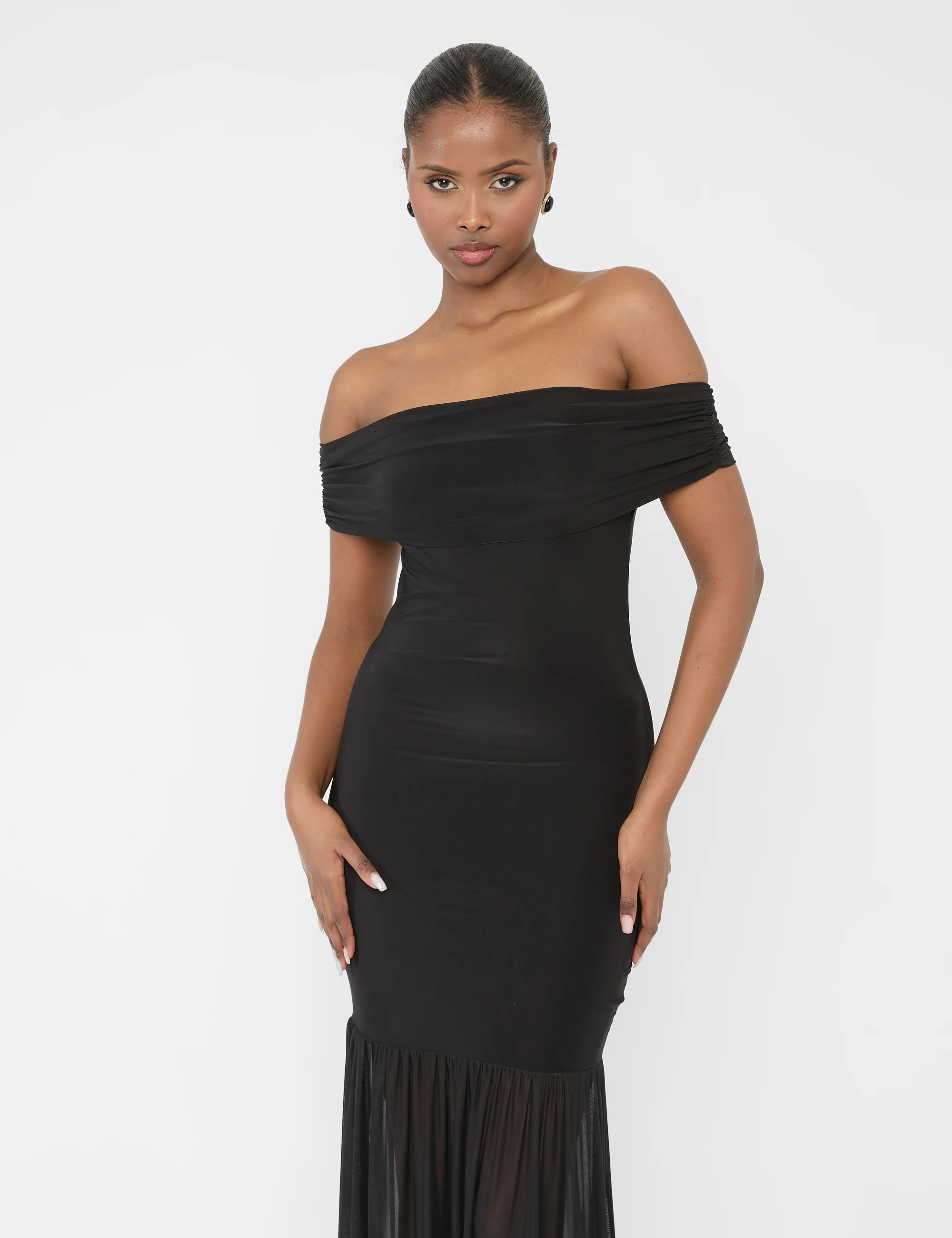 Slinky Bardot Fold Over Mesh Hem Maxi Dress Black - Image 3