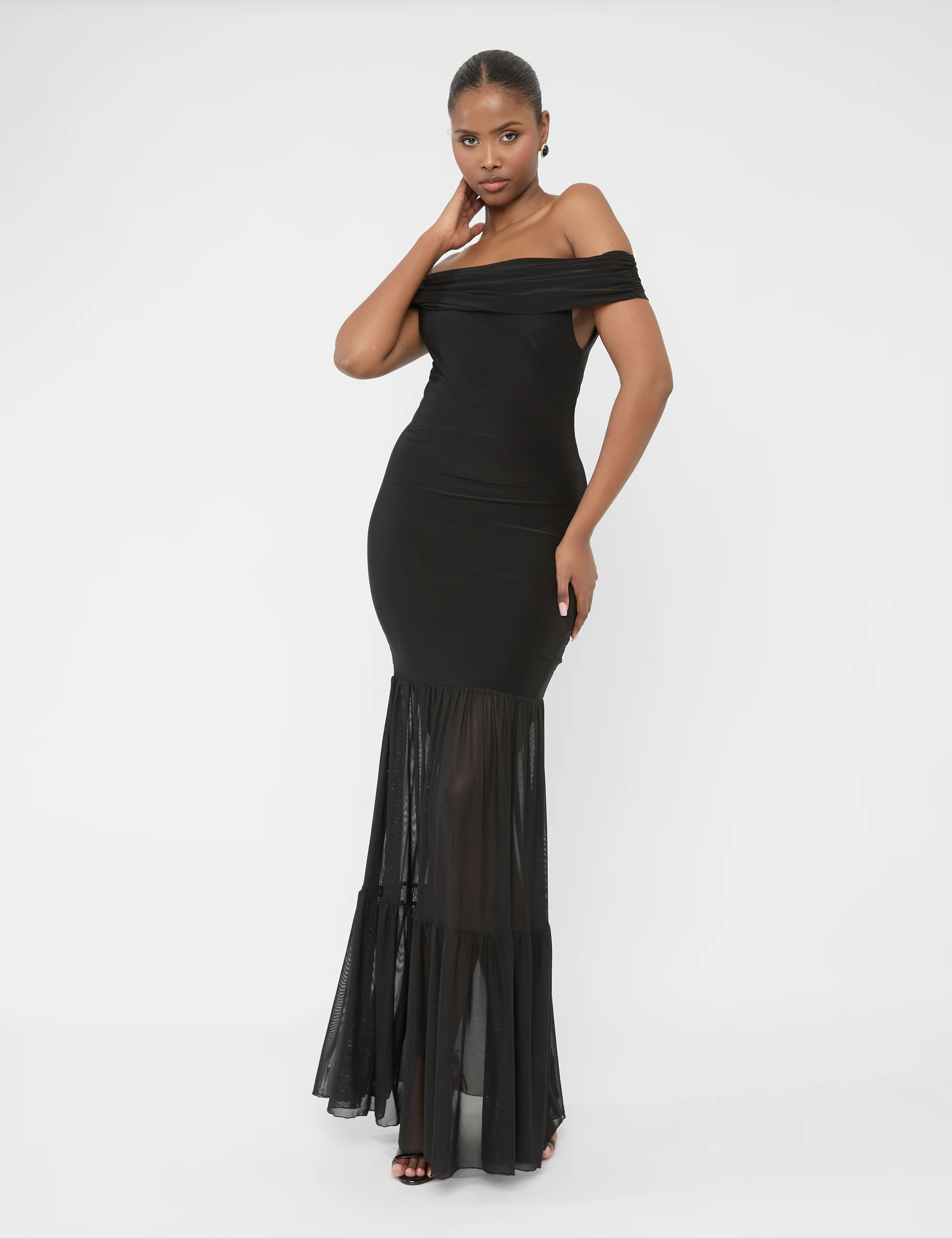 Slinky Bardot Fold Over Mesh Hem Maxi Dress Black - Image 4