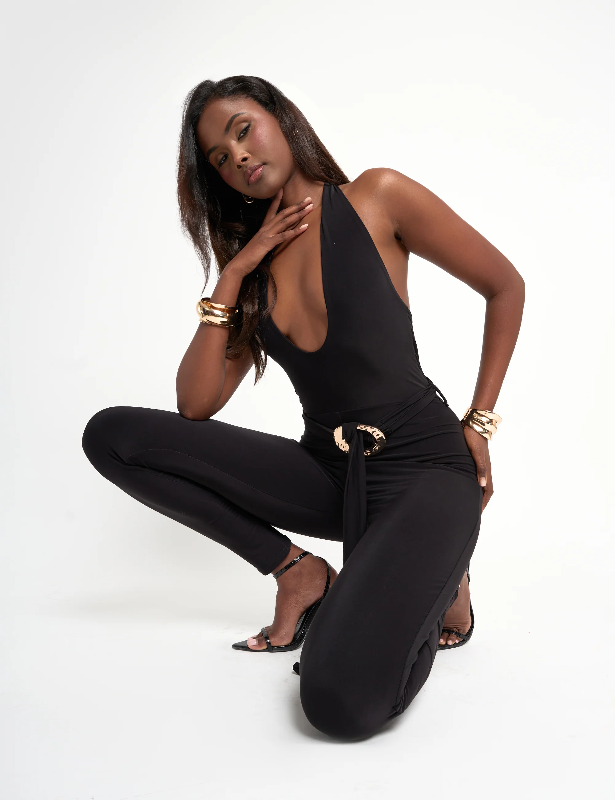 Plunge Neck Belted Slinky Jumpsuit Black - Image 3