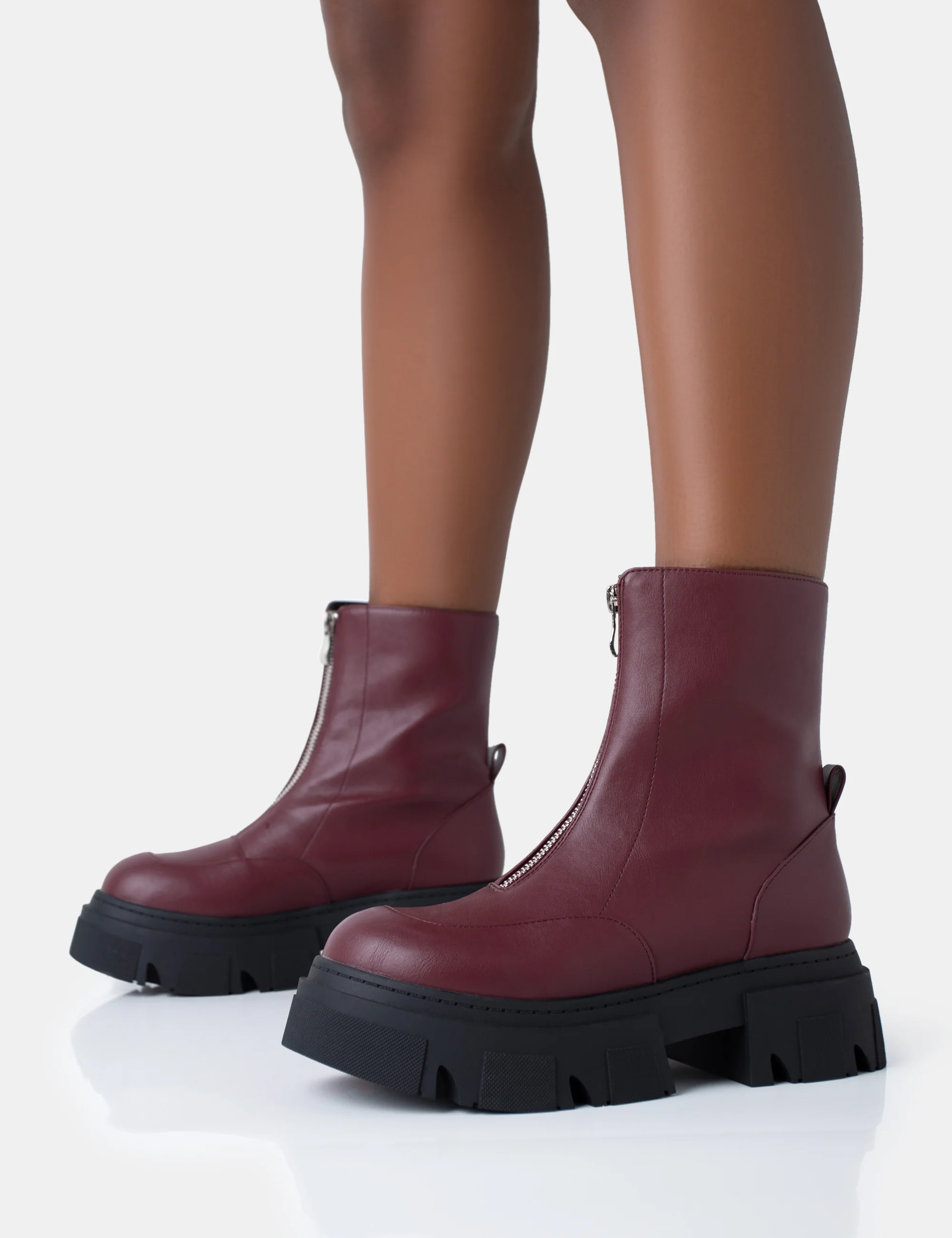 Bergen Burgundy Pu Zip Up Detailed Rounded Chunky Soled Ankle Boots - Image 3