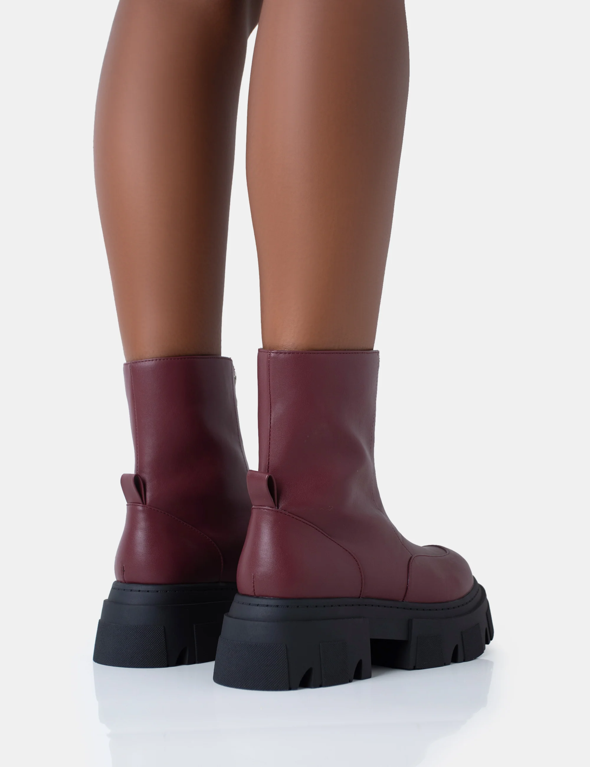 Bergen Burgundy Pu Zip Up Detailed Rounded Chunky Soled Ankle Boots - Image 4