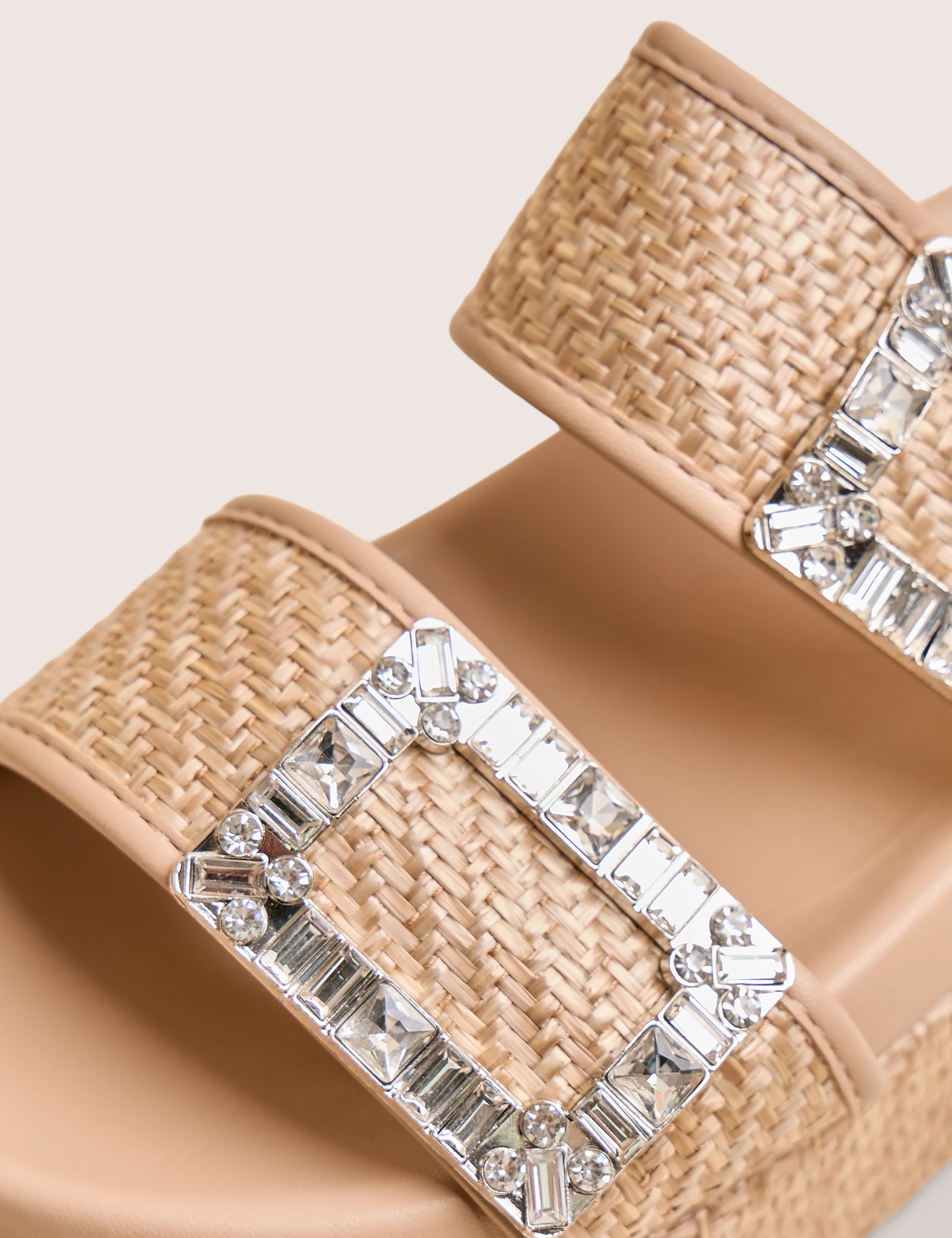 Bettie Natural Rattan Diamante Buckle Detail Flatform Slider Sandals - Image 4