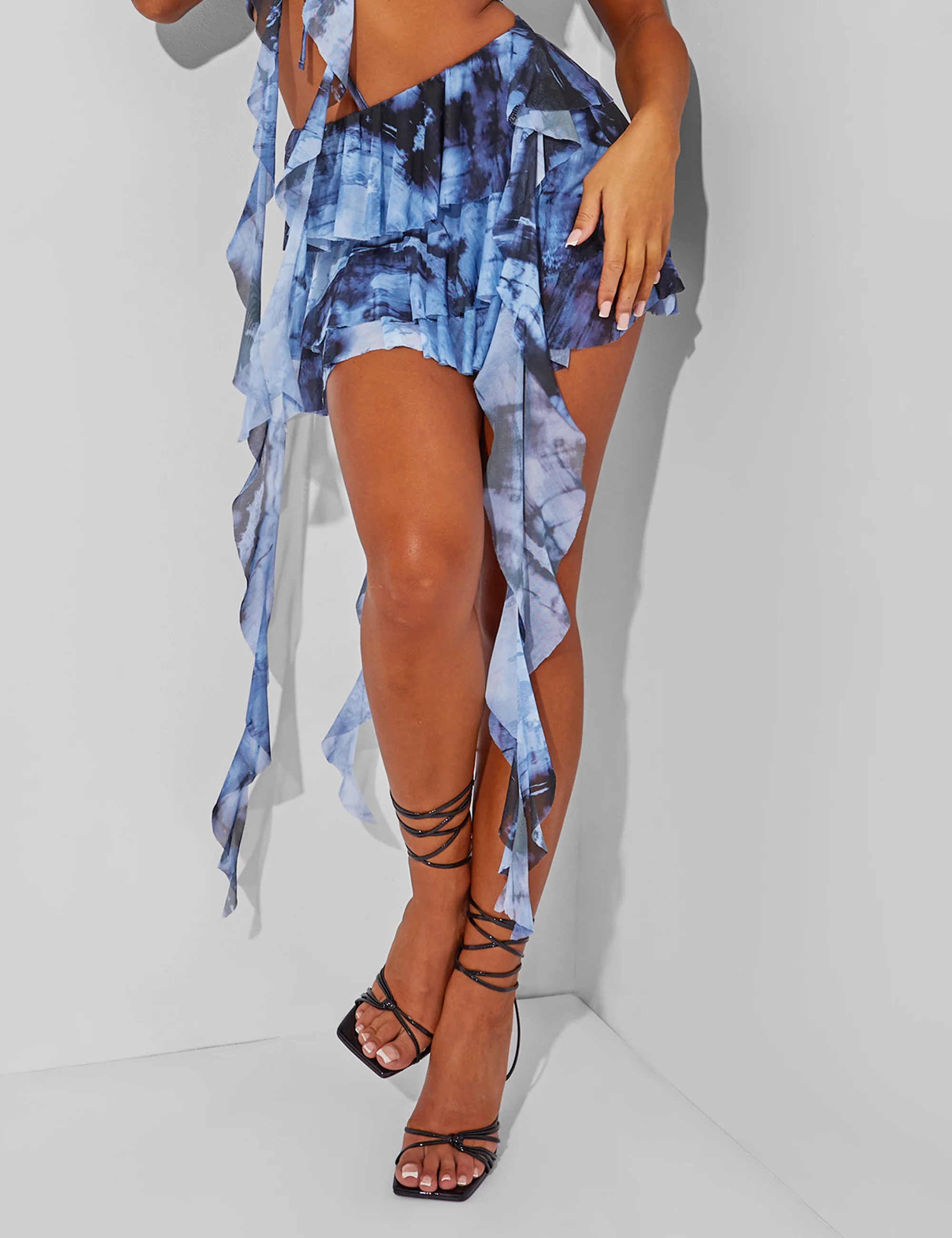 Blue Print Frill Mini Skirt Co Ord Black - Image 2