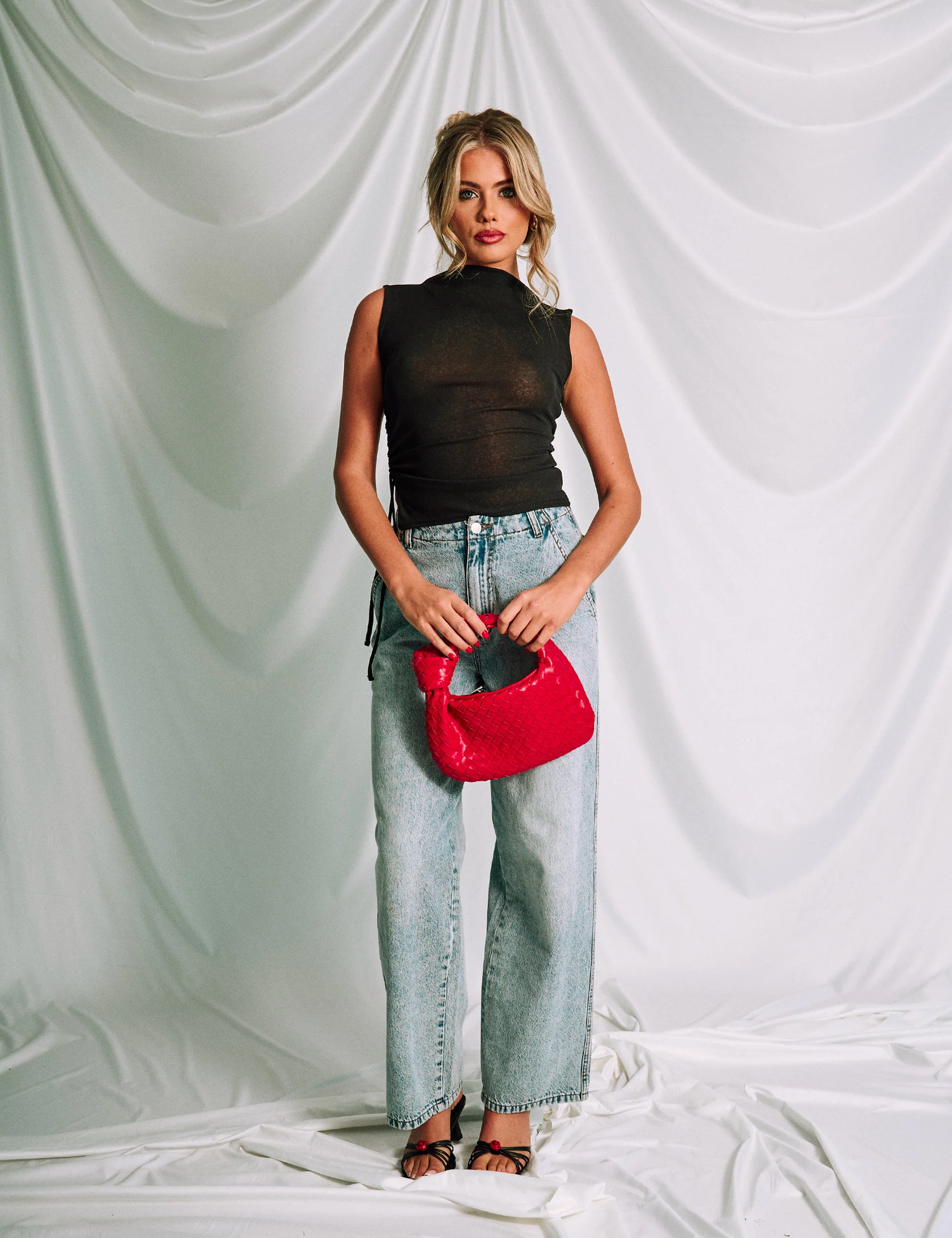 Boat Neck Mesh Top With Ruched Details Black - Image 3