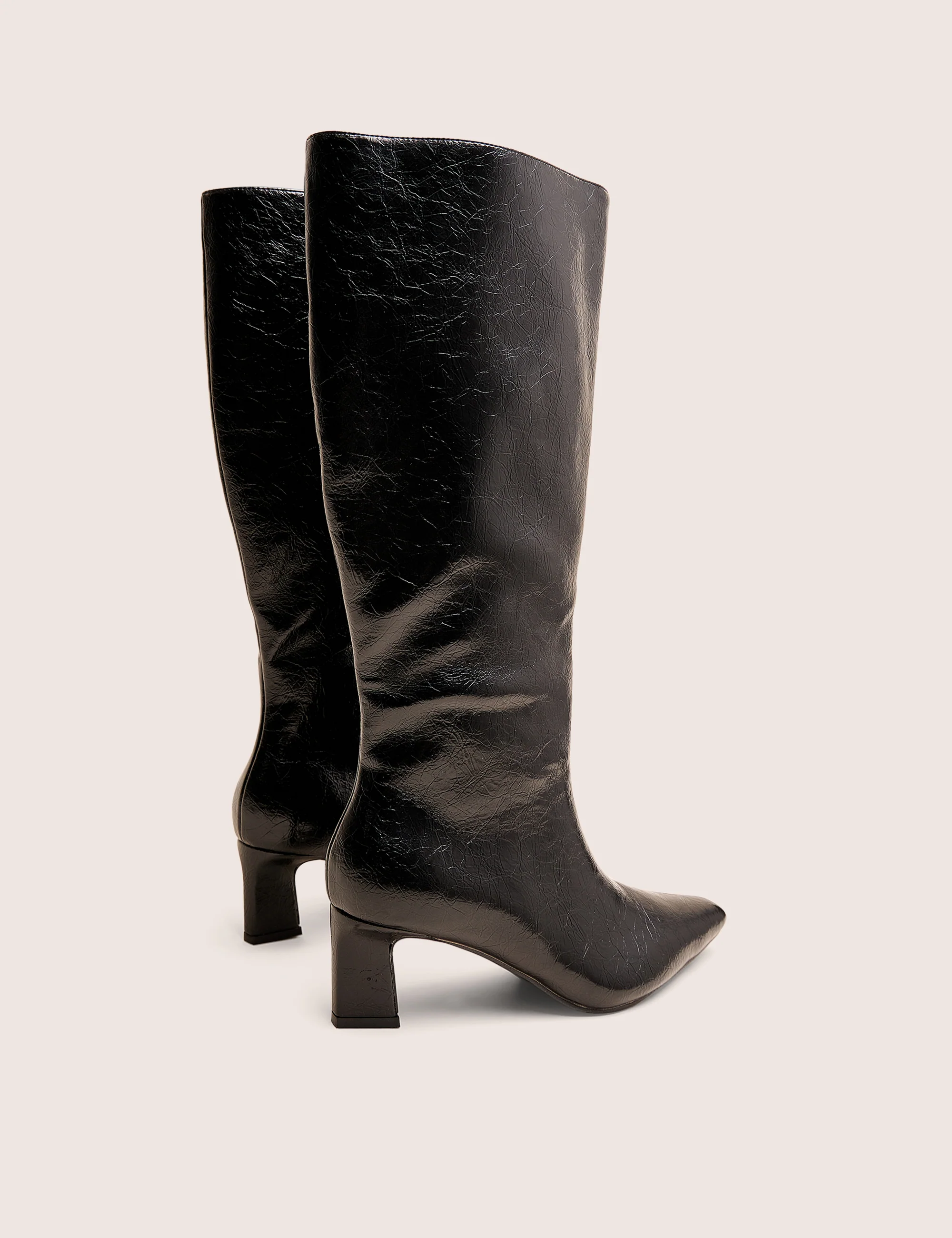 Boomer Black Crinkle Pu  Pointed Toe Knee High Mid Heel Boots - Image 3