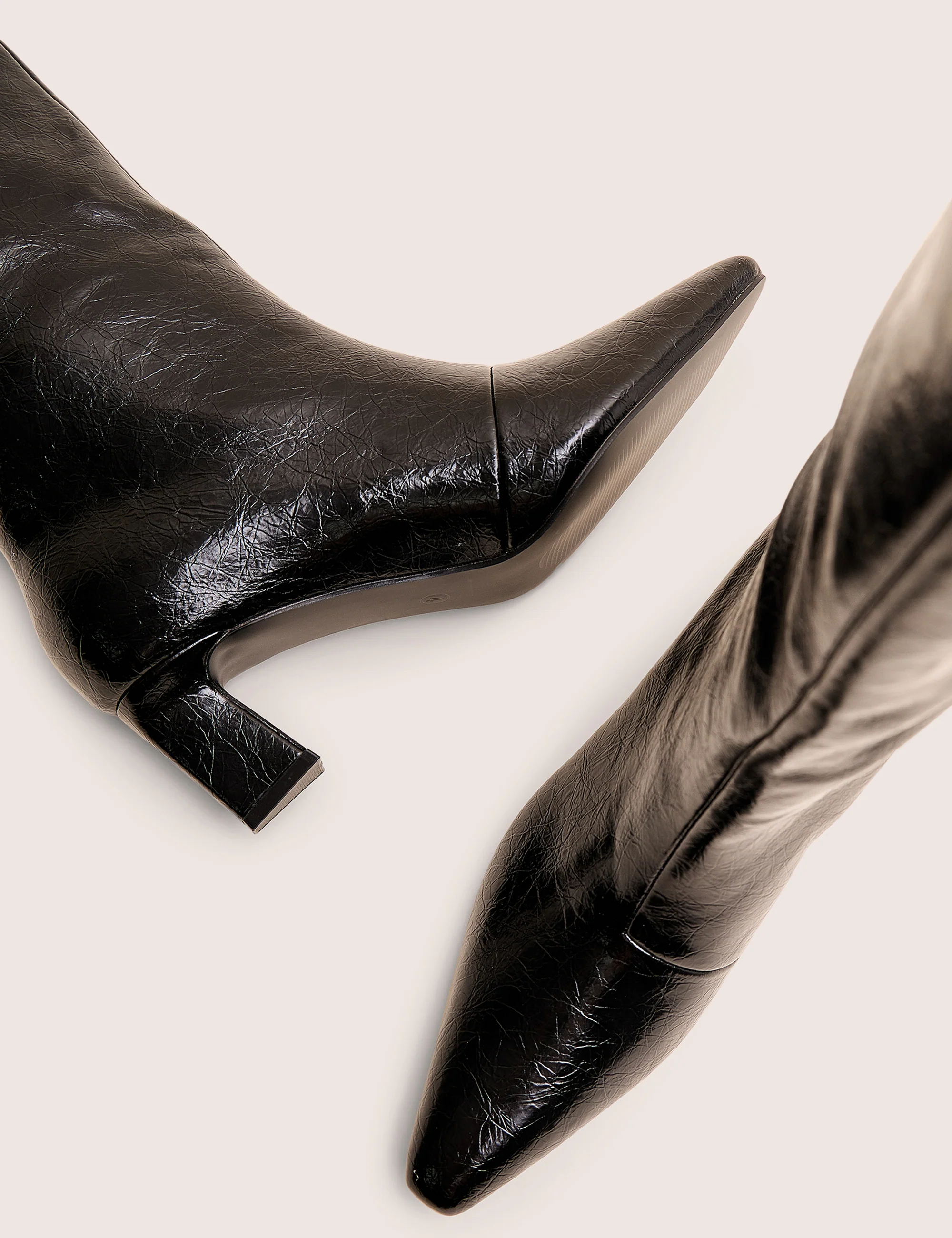 Boomer Black Crinkle Pu  Pointed Toe Knee High Mid Heel Boots - Image 4