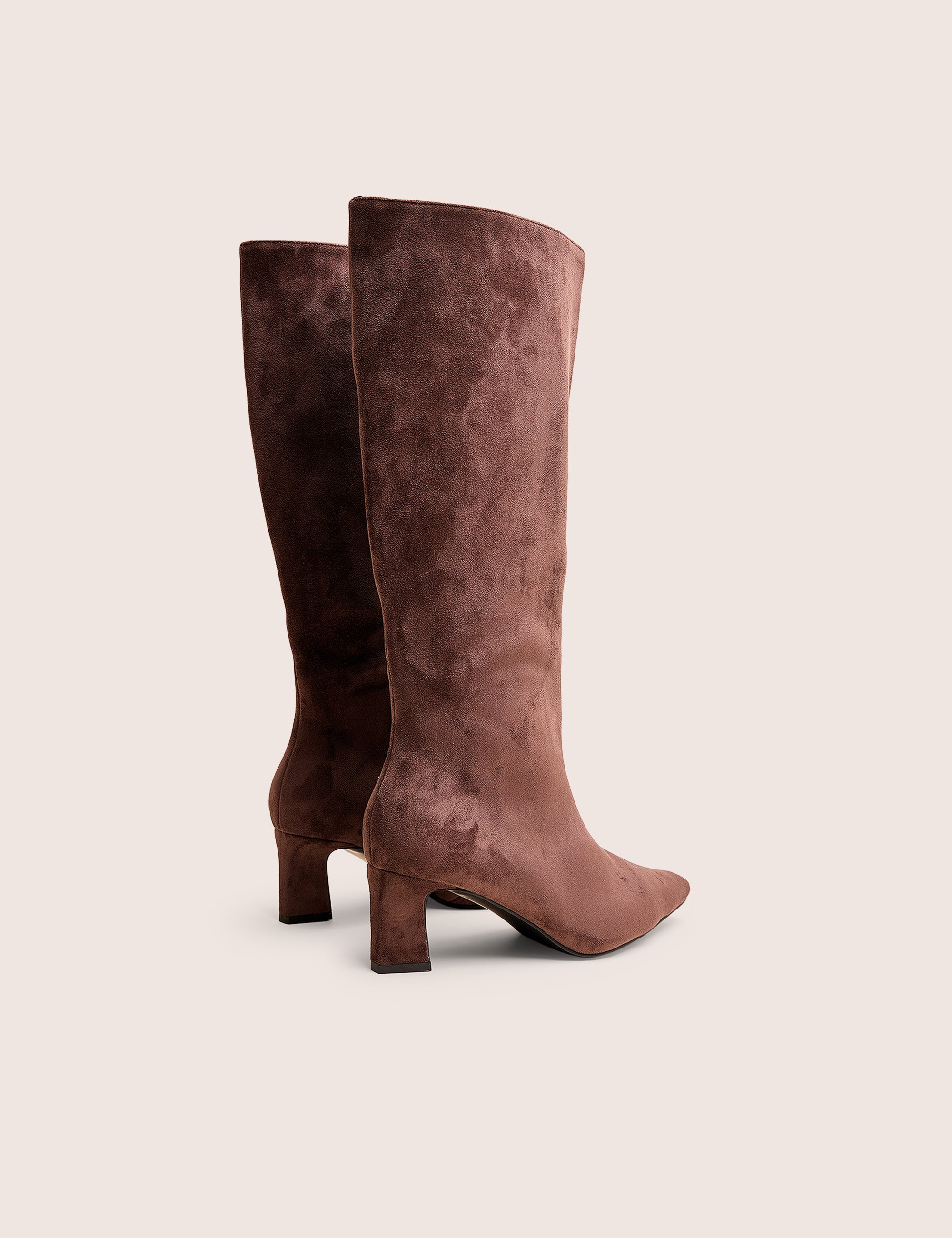 Boomer Brown Suedette Pointed Toe Knee High Mid Heel Boots - Image 3
