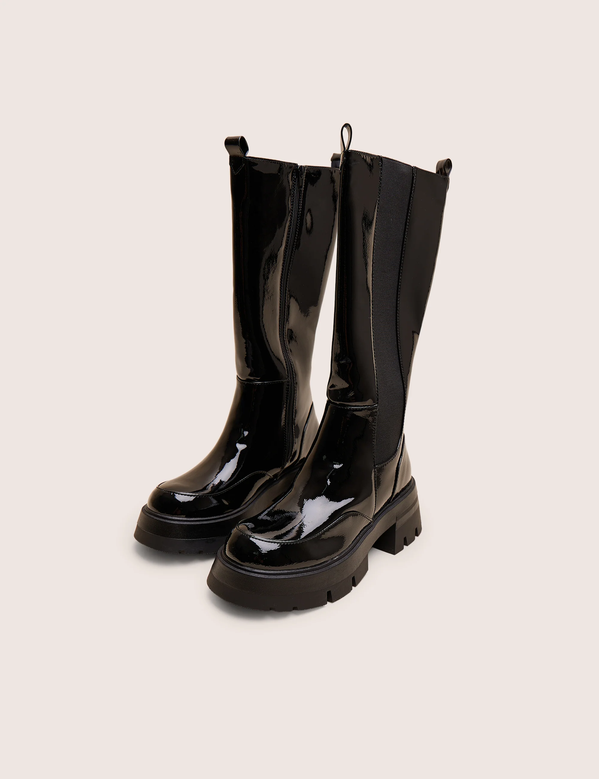 Bryant Black Patent Chunky Sole Elasticated Knee High Boots - Image 2