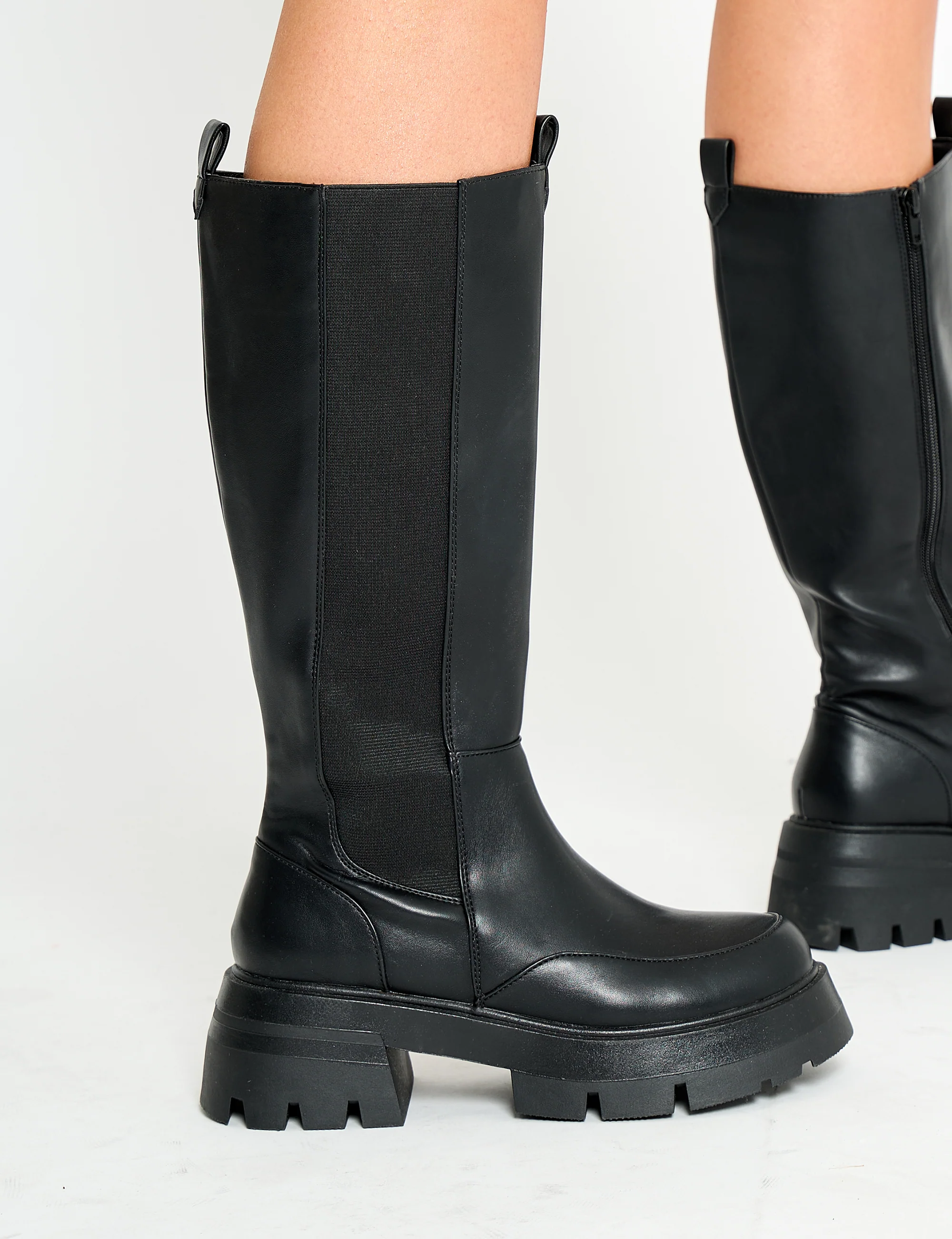 Bryant Black Pu Chunky Sole Elasticated Knee High Boots - Image 2