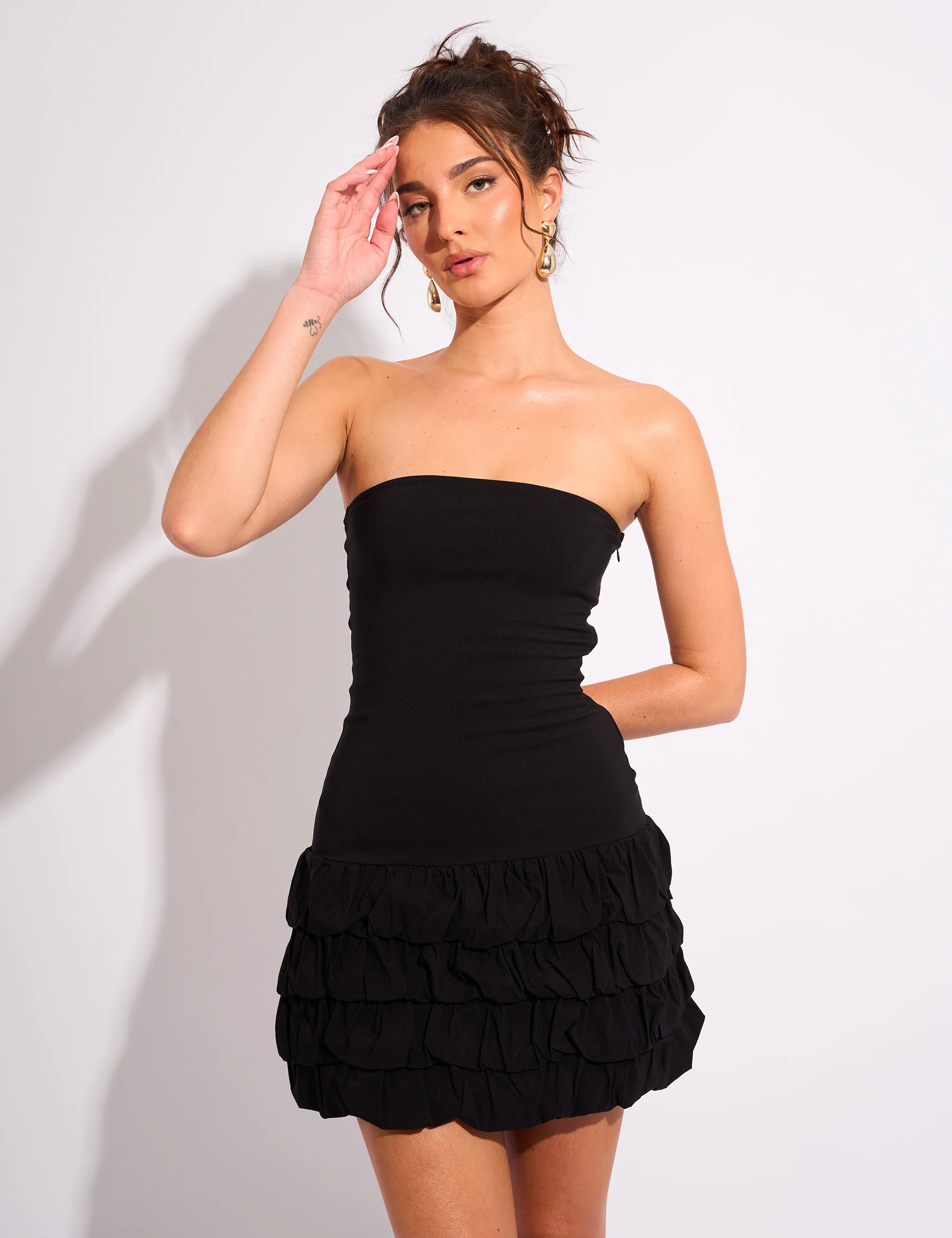 Tiered Ruffle Hem Bandeau Mini Dress Black - Image 2