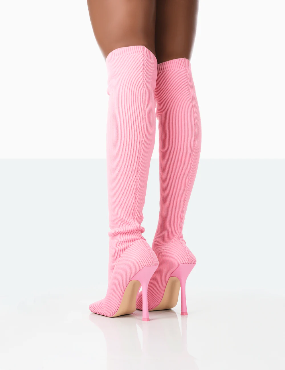 Bubbles Pink Knitted Wide Fit Square Toe Over The Knee Stiletto Boots - Image 3