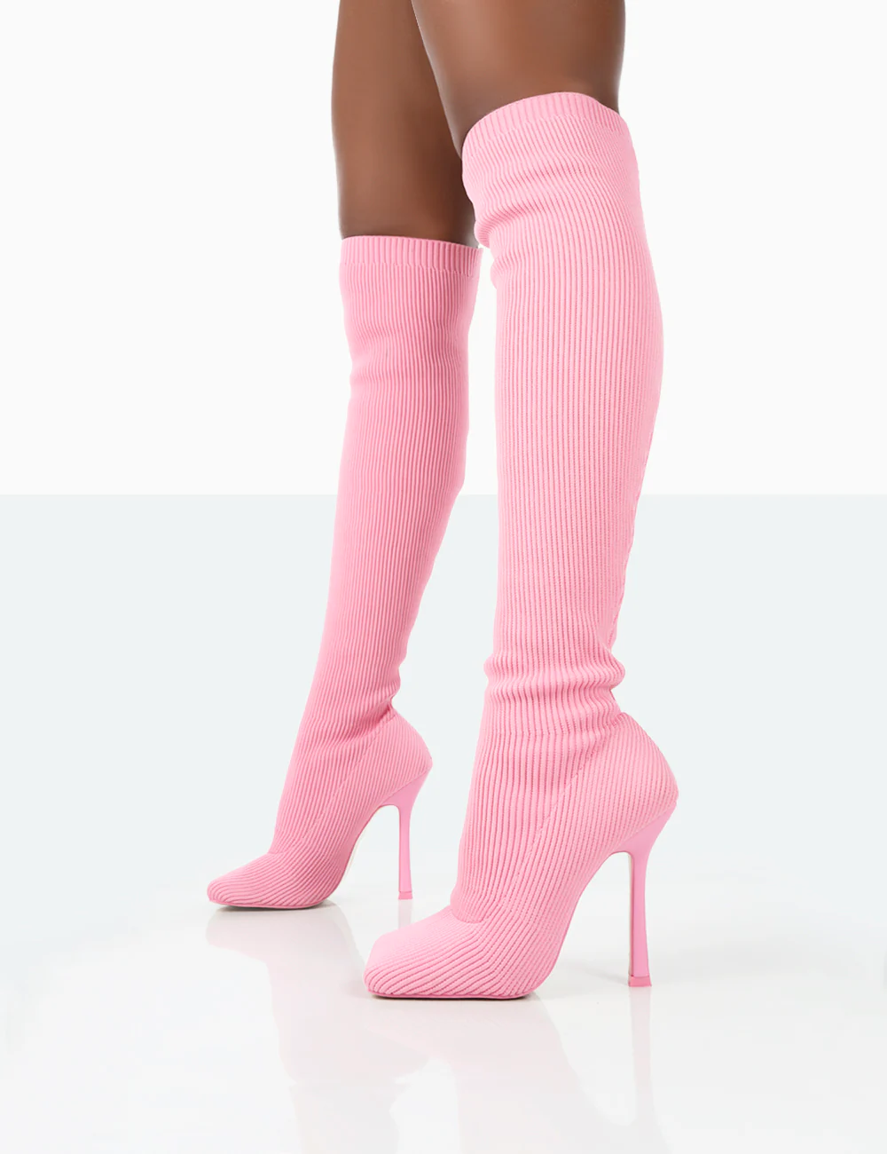 Bubbles Pink Knitted Wide Fit Square Toe Over The Knee Stiletto Boots - Image 4