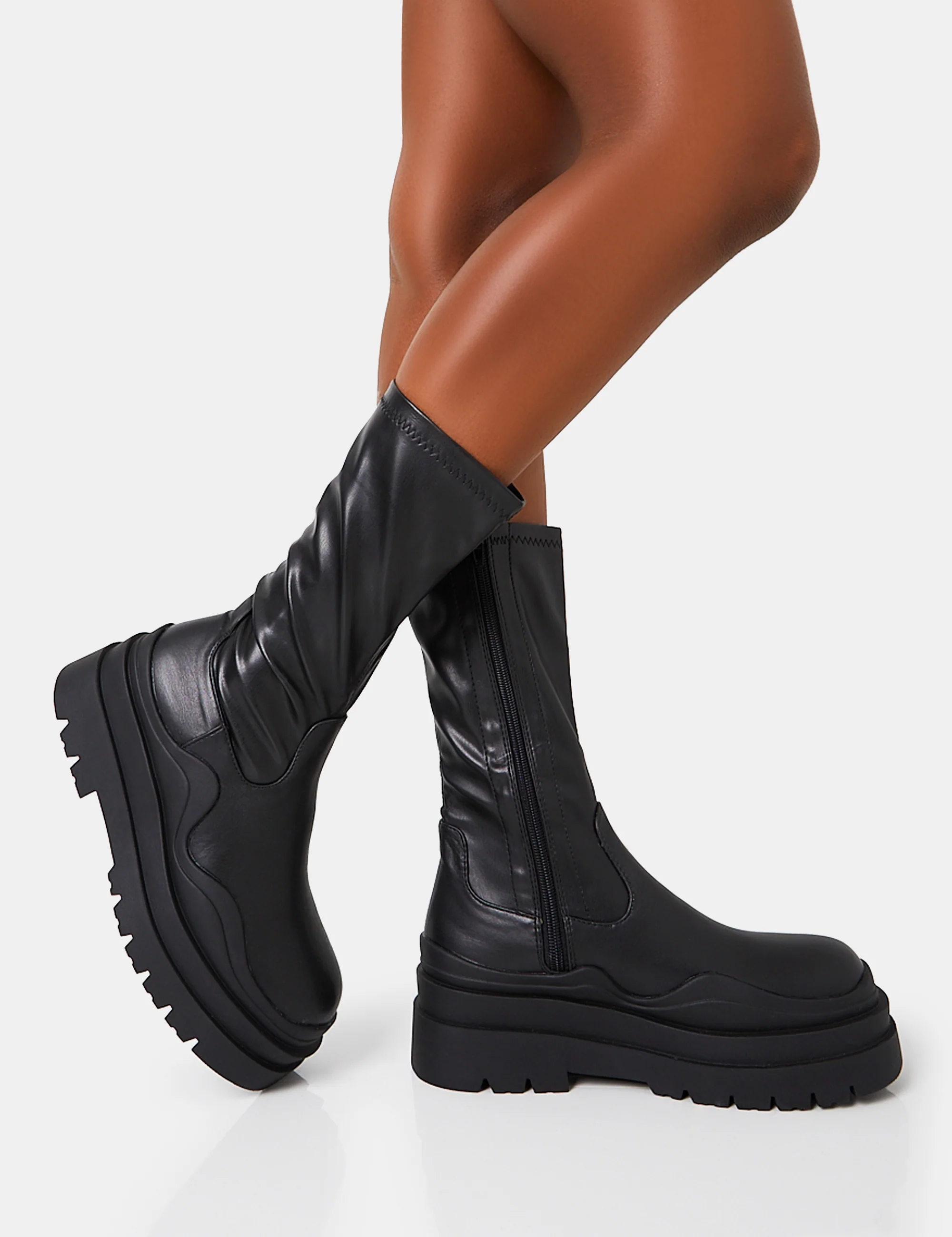 Cam Black Chunky Platform Round Toe PU High Boots - Image 2