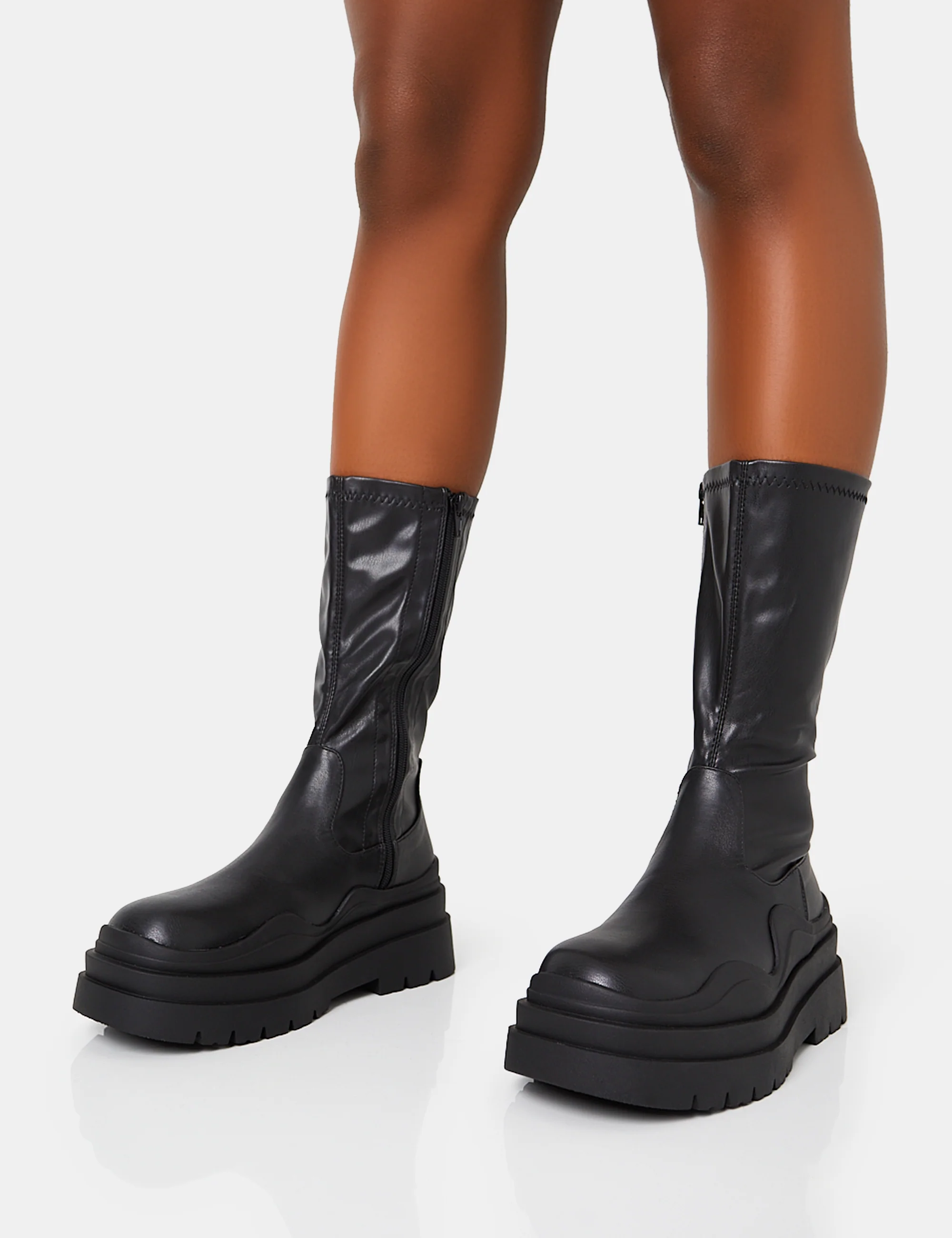 Cam Black Chunky Platform Round Toe PU High Boots - Image 3