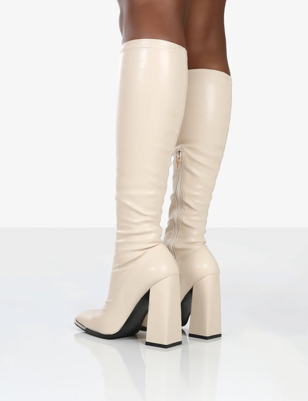 Caryn Stone PU Knee High Block Heeled Boots - Image 3