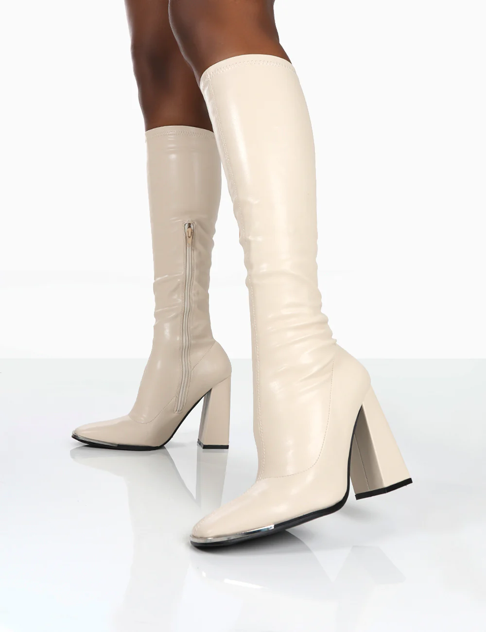 Caryn Stone PU Knee High Block Heeled Boots - Image 4