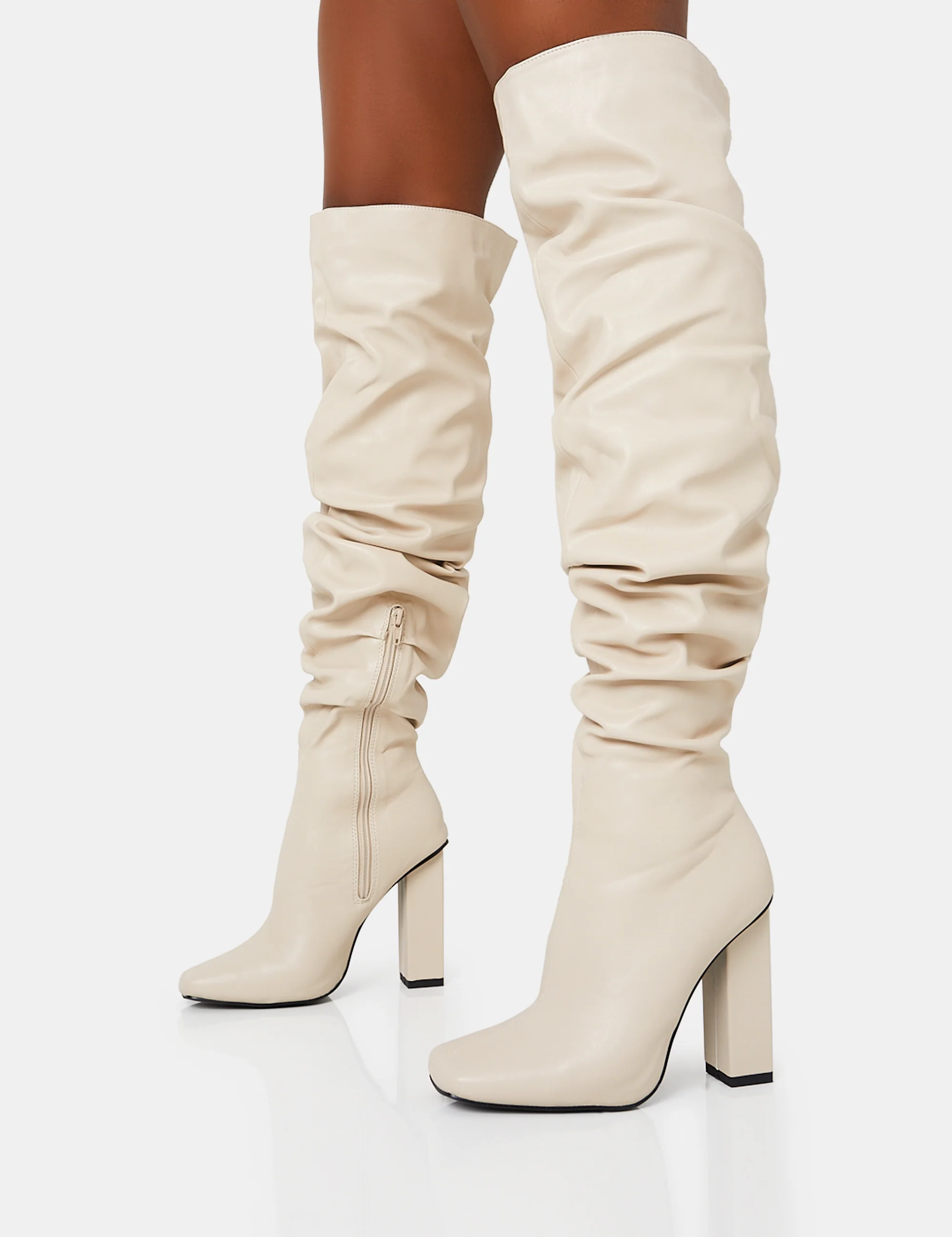 Cassia Ecru Square Toe Block Heel Over The Knee Boots - Image 3