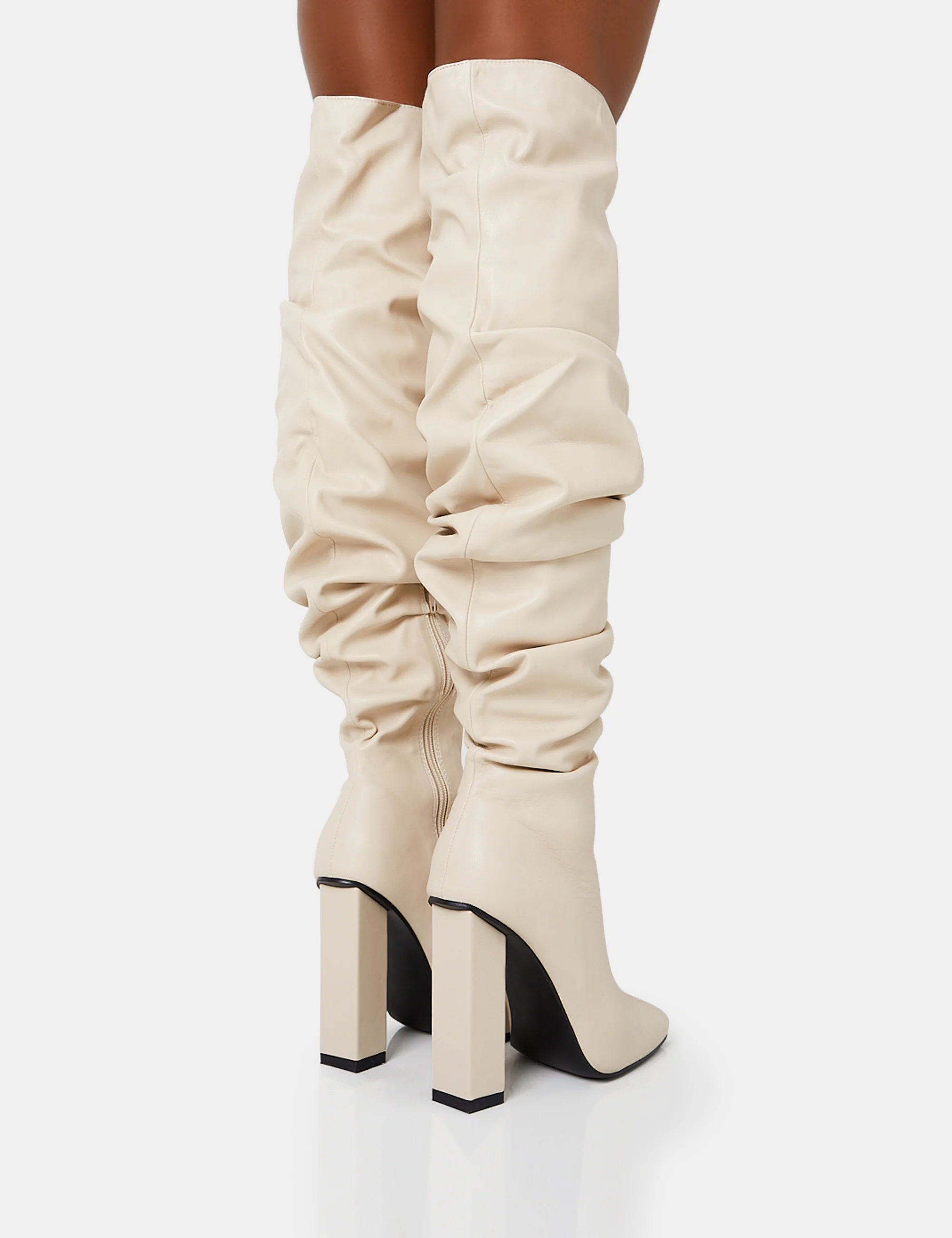 Cassia Ecru Square Toe Block Heel Over The Knee Boots - Image 4
