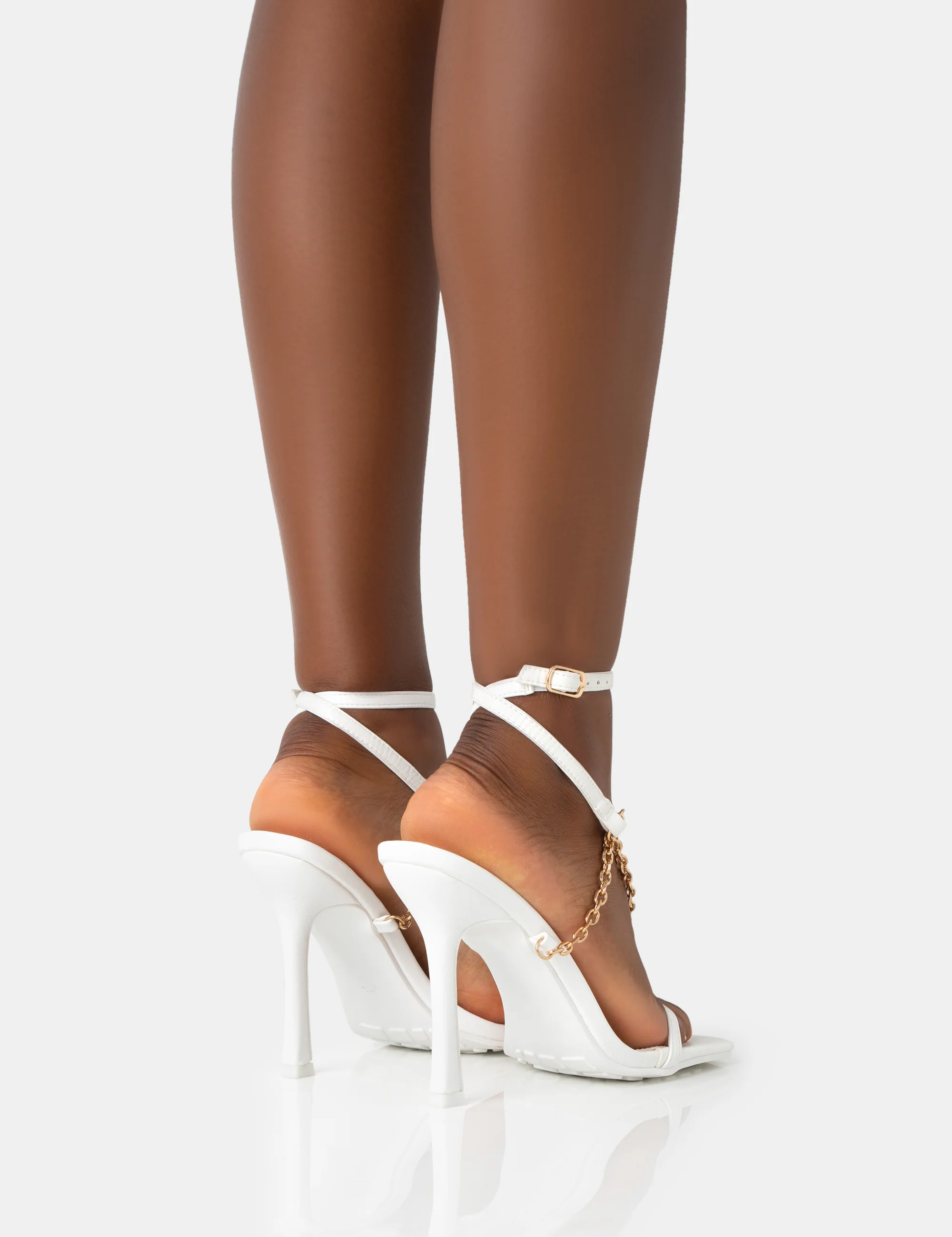 Catwalk White Pu Chain Strappy Square Toe Stiletto Heels - Image 4