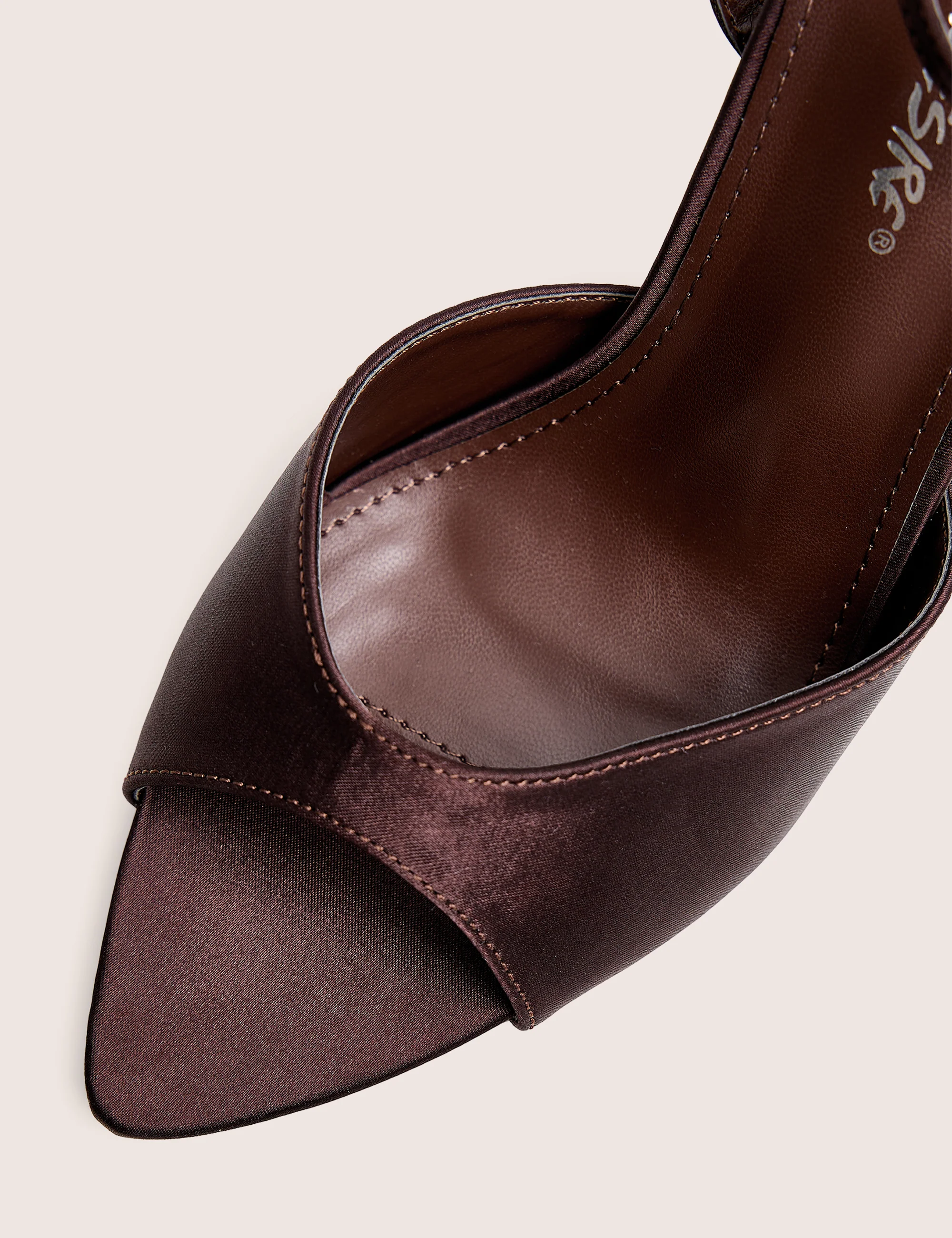 Caught On Chocolate Satin Peep Toe Curved High Heels - Image 4