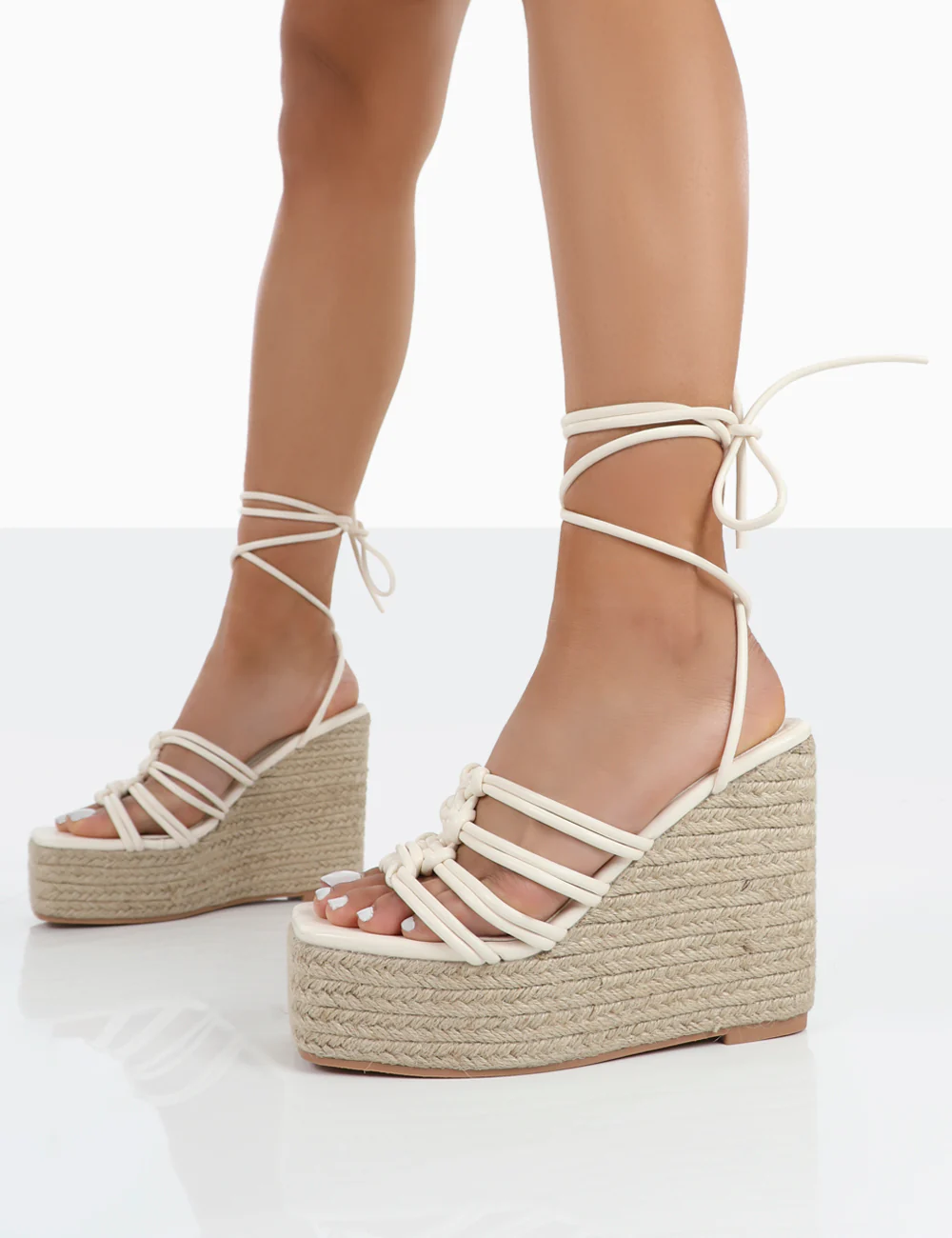 Chakkra Ecru PU High Heeled Sandal Espadrilles Wedges - Image 3