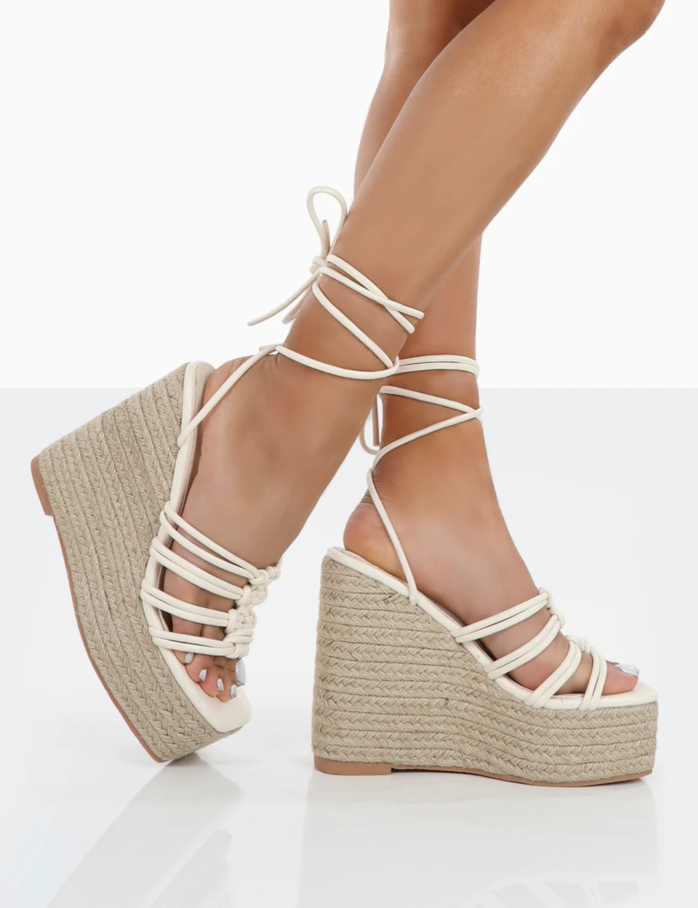 Chakkra Ecru PU High Heeled Sandal Espadrilles Wedges - Image 4