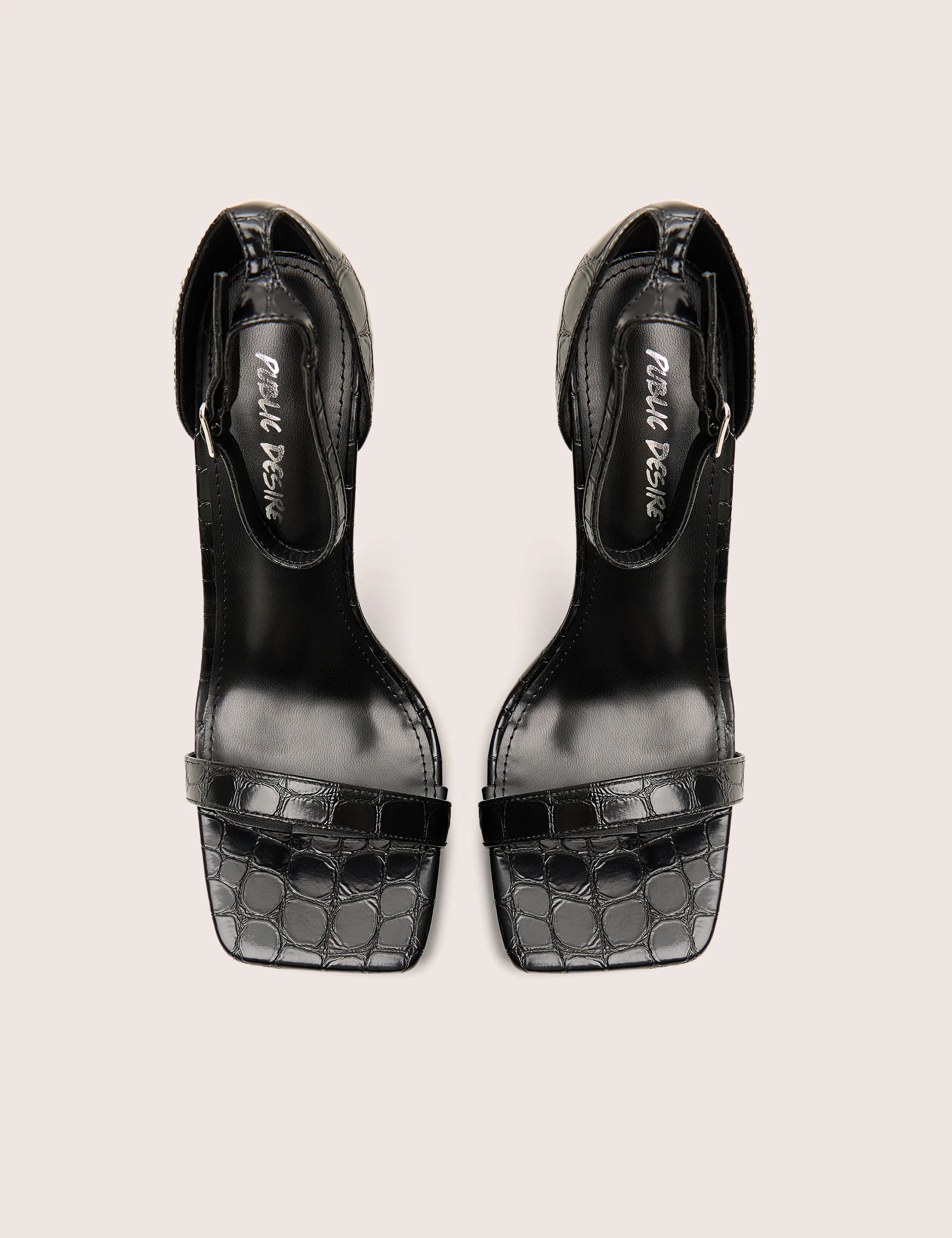Chaos Black Croc Square Toe Strappy Barely There Stiletto Heels - Image 4