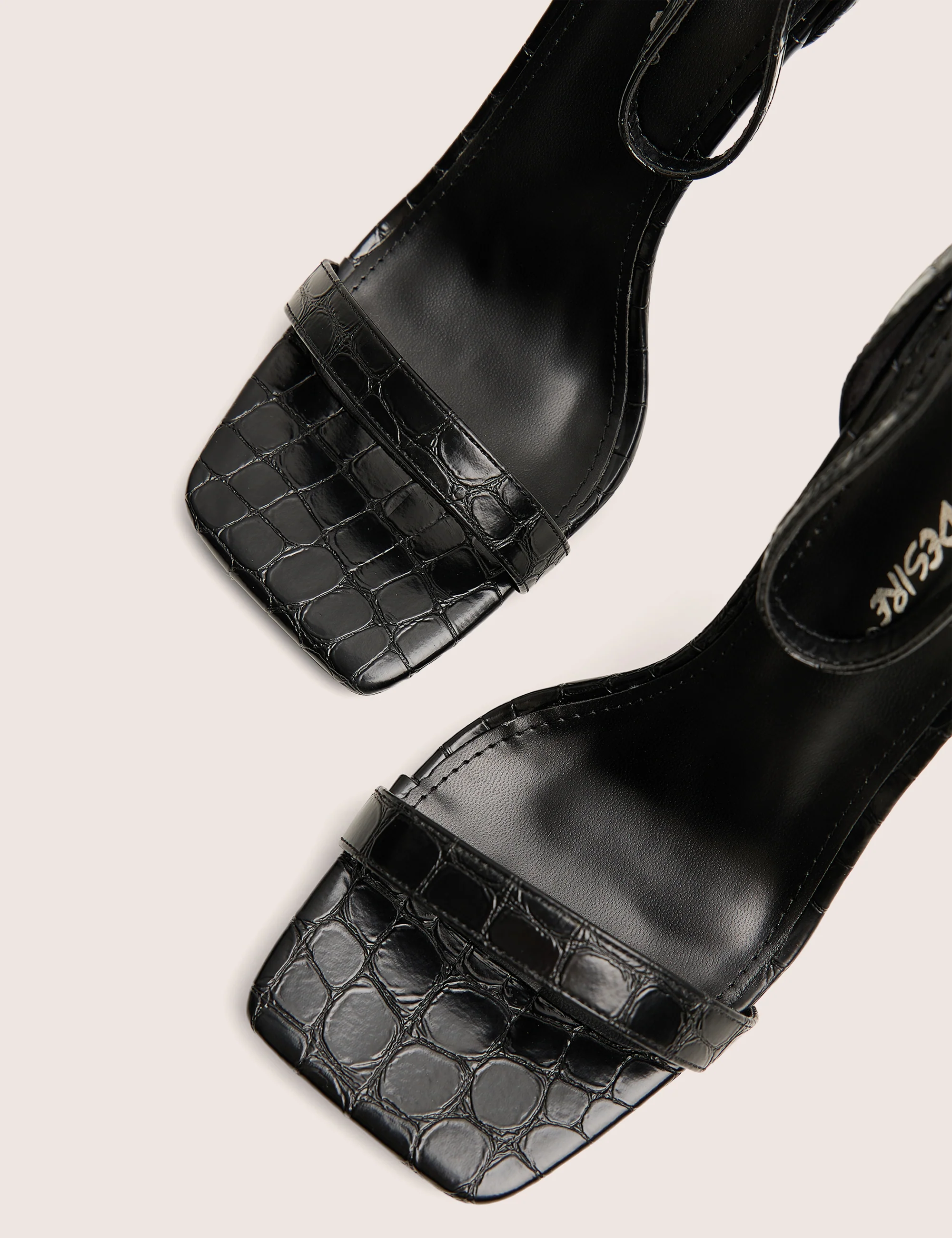Chaos Black Croc Square Toe Strappy Barely There Stiletto Heels - Image 6