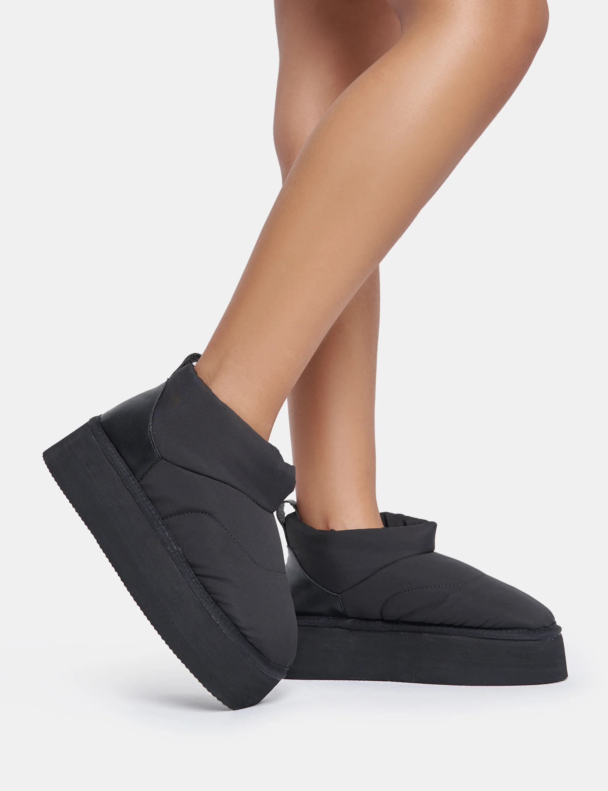 Chill Out Black Nylon Puffer Ultra Mini Ankle Platform Boots - Image 3
