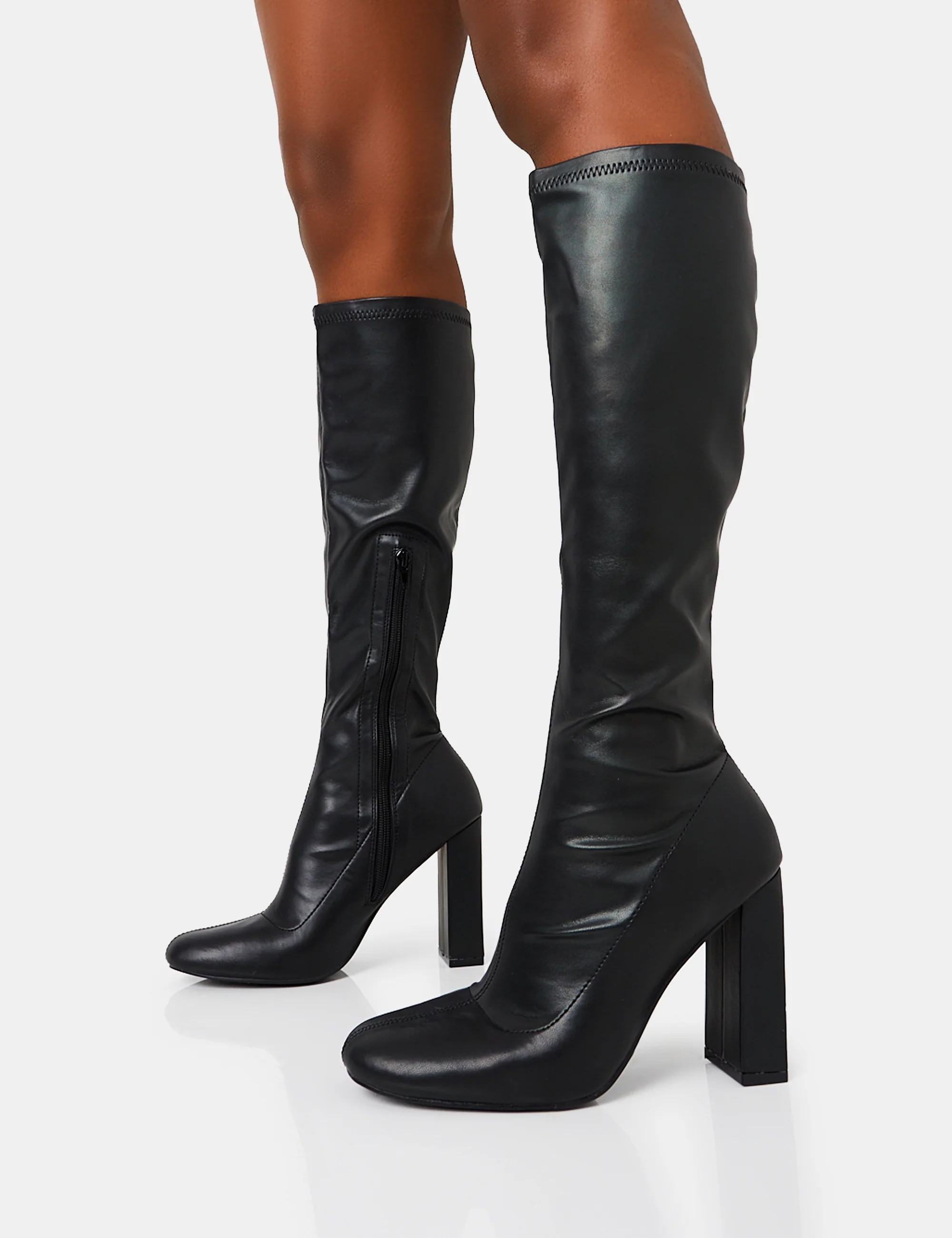 Christina Black Pu Pointed Toe Block Heel Knee High Boots - Image 3