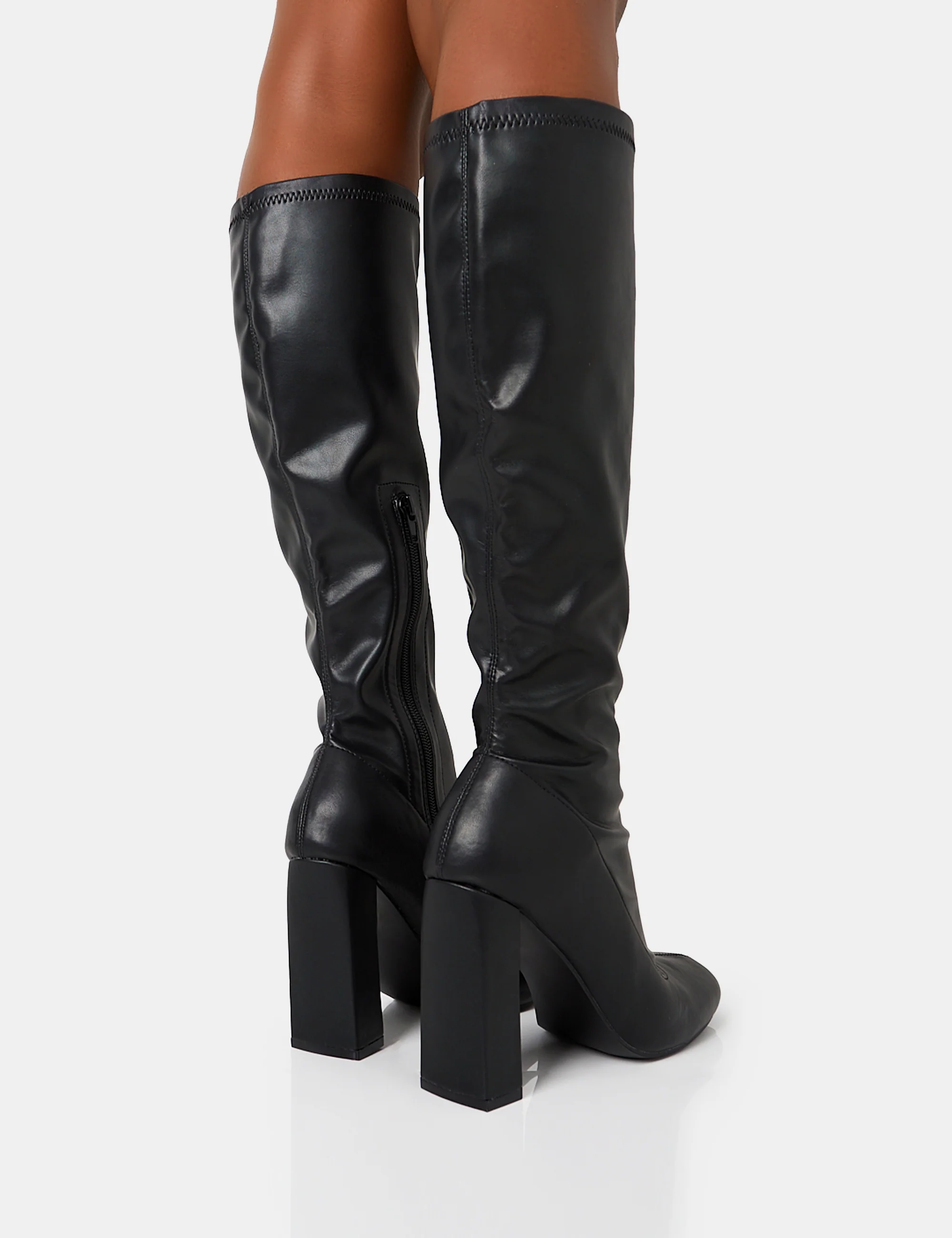 Christina Black Pu Pointed Toe Block Heel Knee High Boots - Image 4