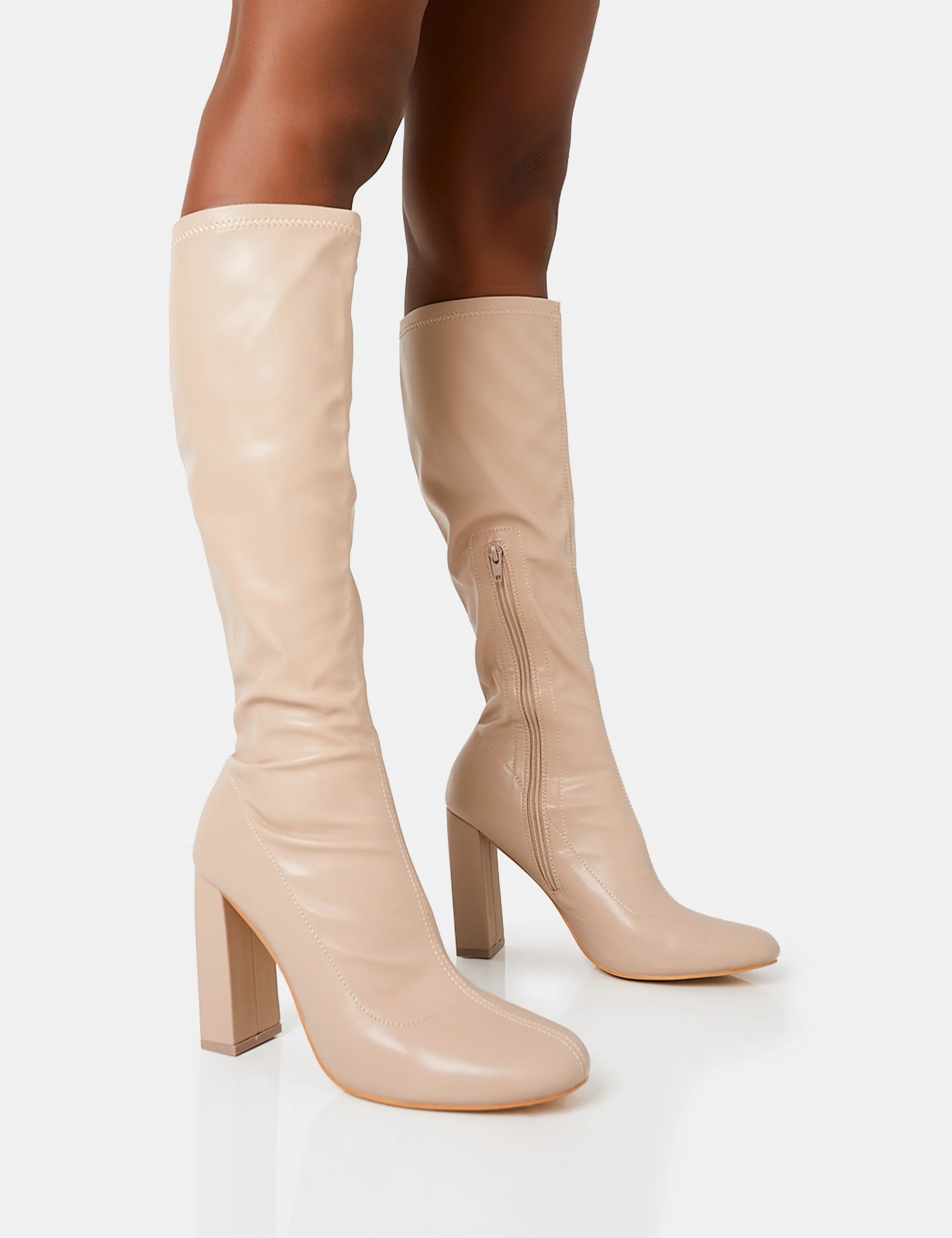 Christina Nude Pu Pointed Toe Block Heel Knee High Boots - Image 5
