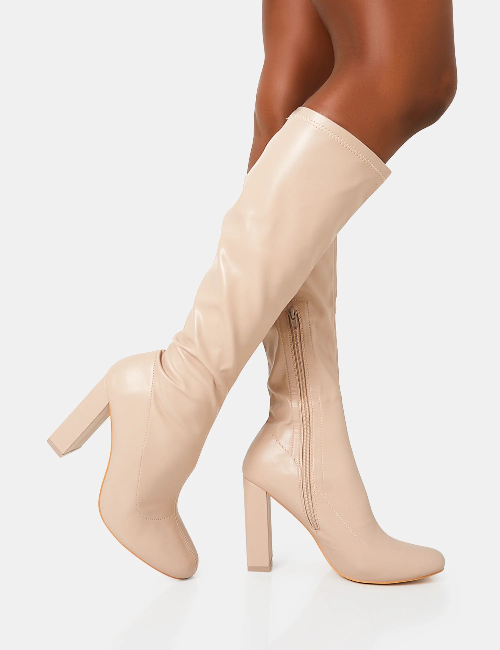 Christina Nude Pu Pointed Toe Block Heel Knee High Boots - Image 6