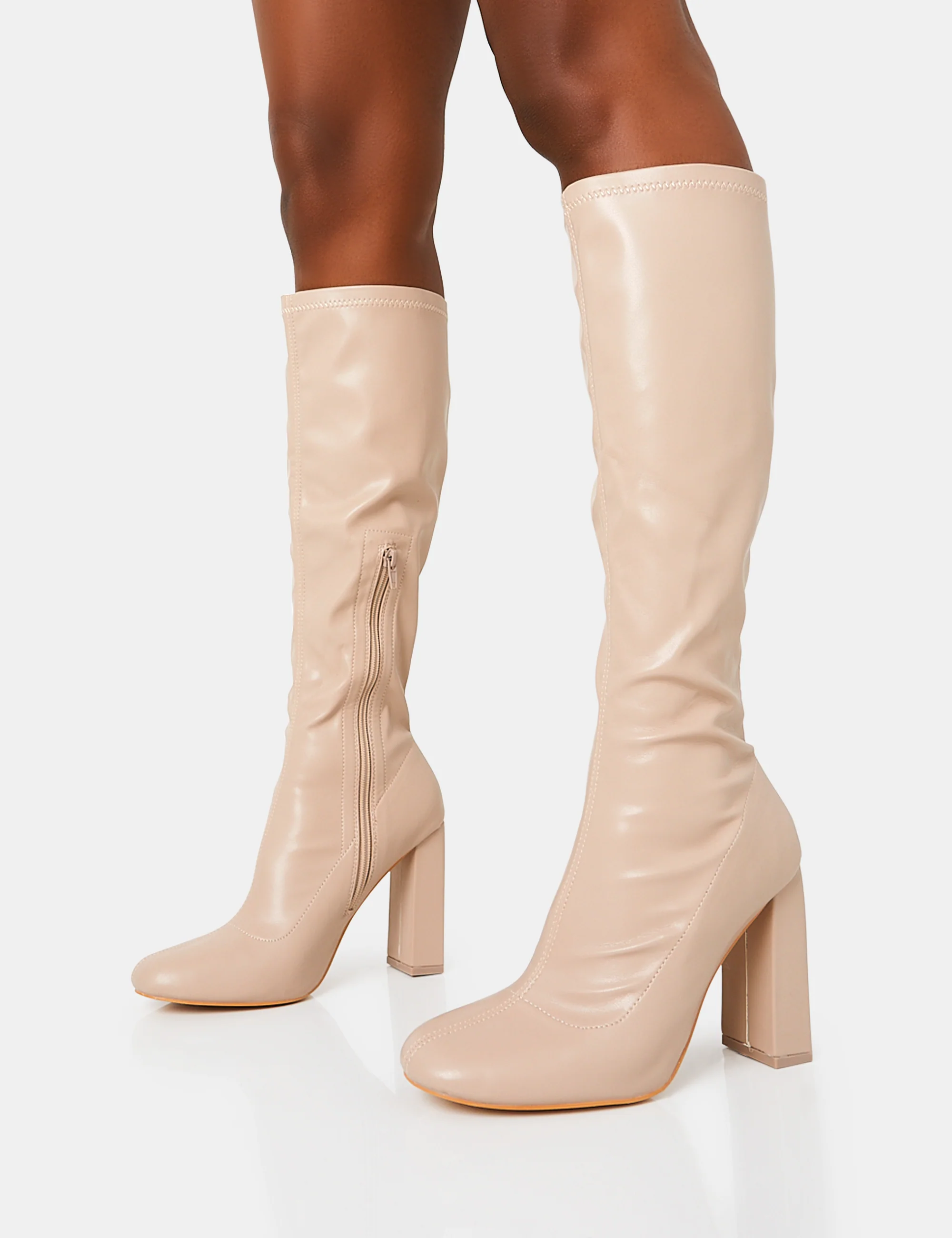 Christina Nude Pu Pointed Toe Block Heel Knee High Boots - Image 7