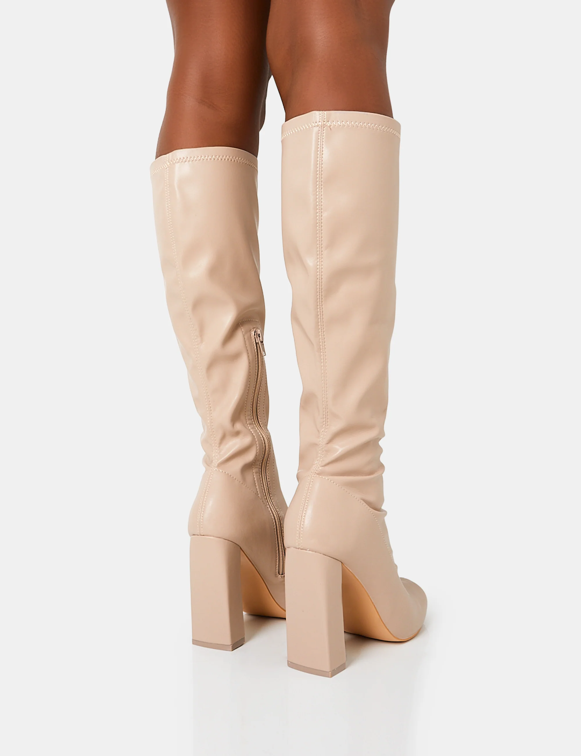 Christina Nude Pu Pointed Toe Block Heel Knee High Boots - Image 8