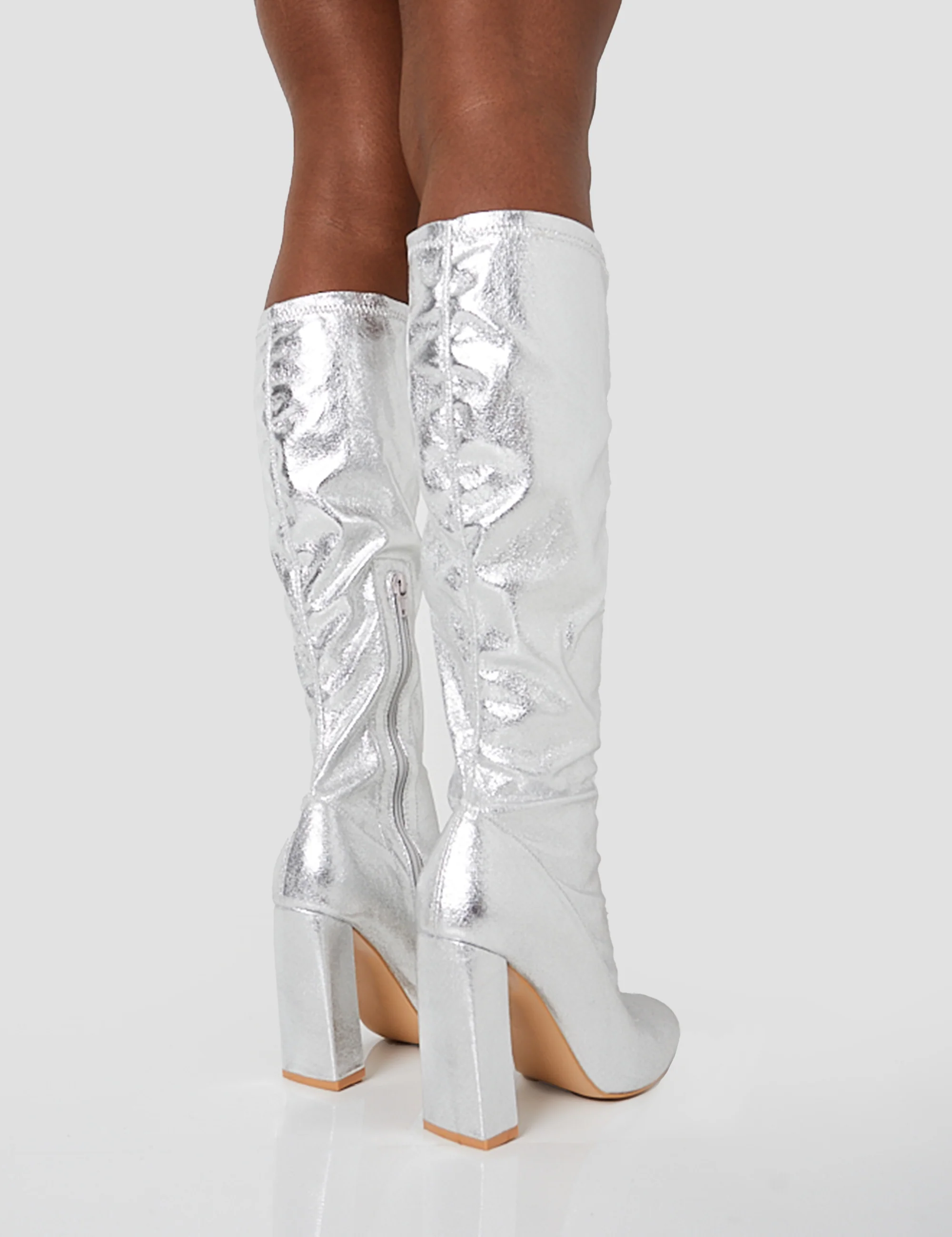 Christina Silver Grain Pointed Toe Block Heel Knee High Boots - Image 3