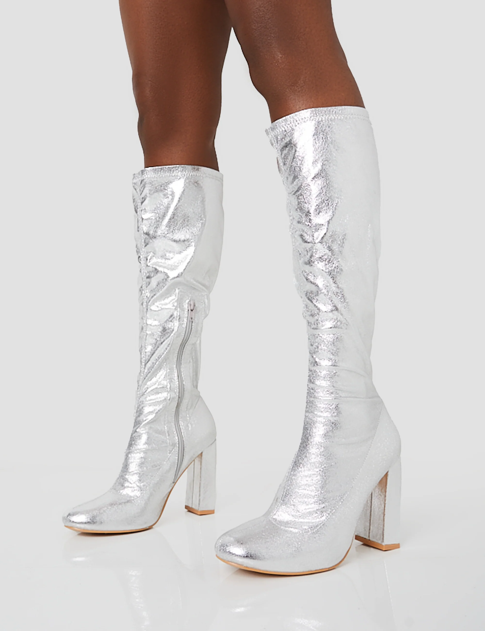 Christina Silver Grain Pointed Toe Block Heel Knee High Boots - Image 4