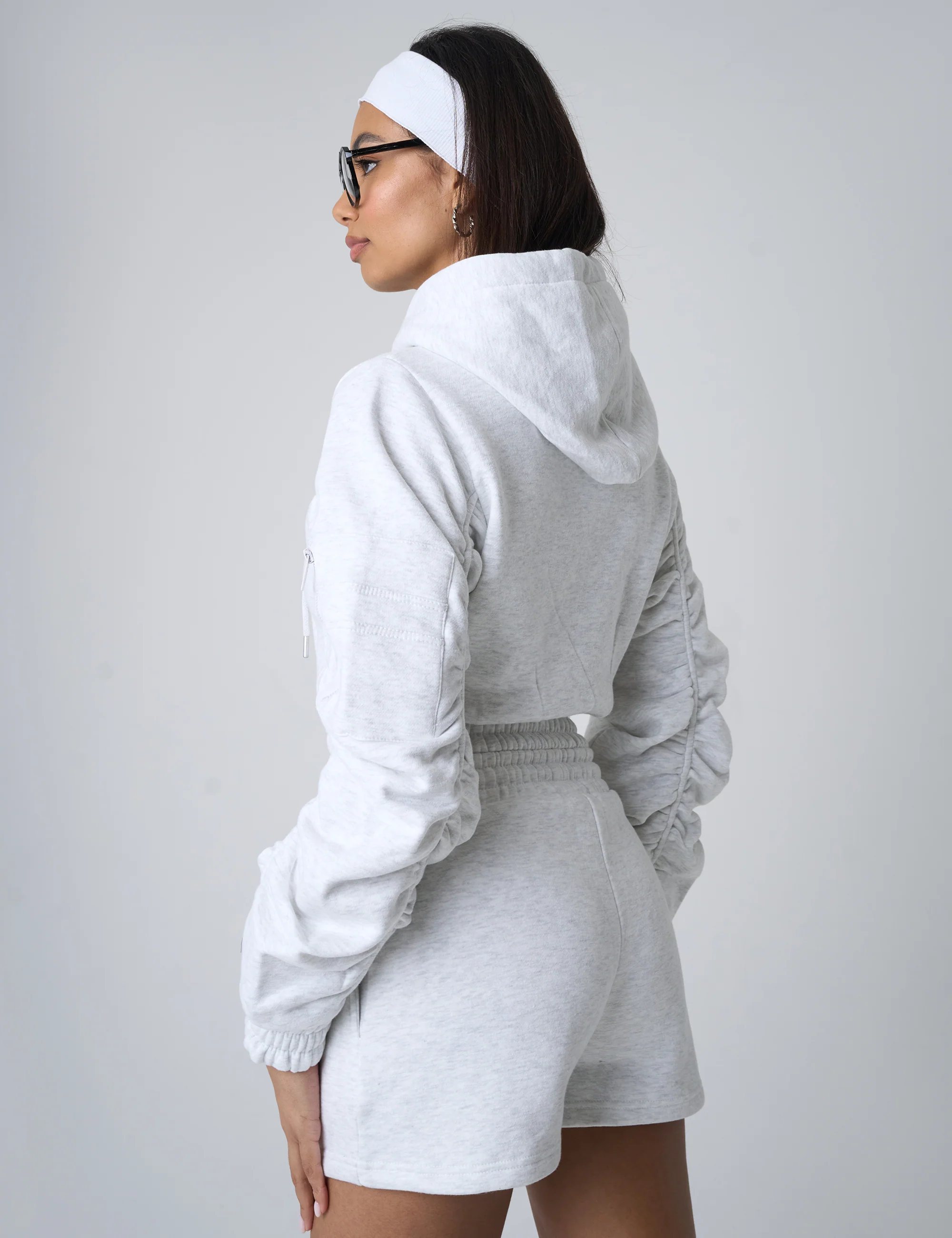 Ruched Sleeve Zip Up Cropped Hoodie Grey Marl - Image 2